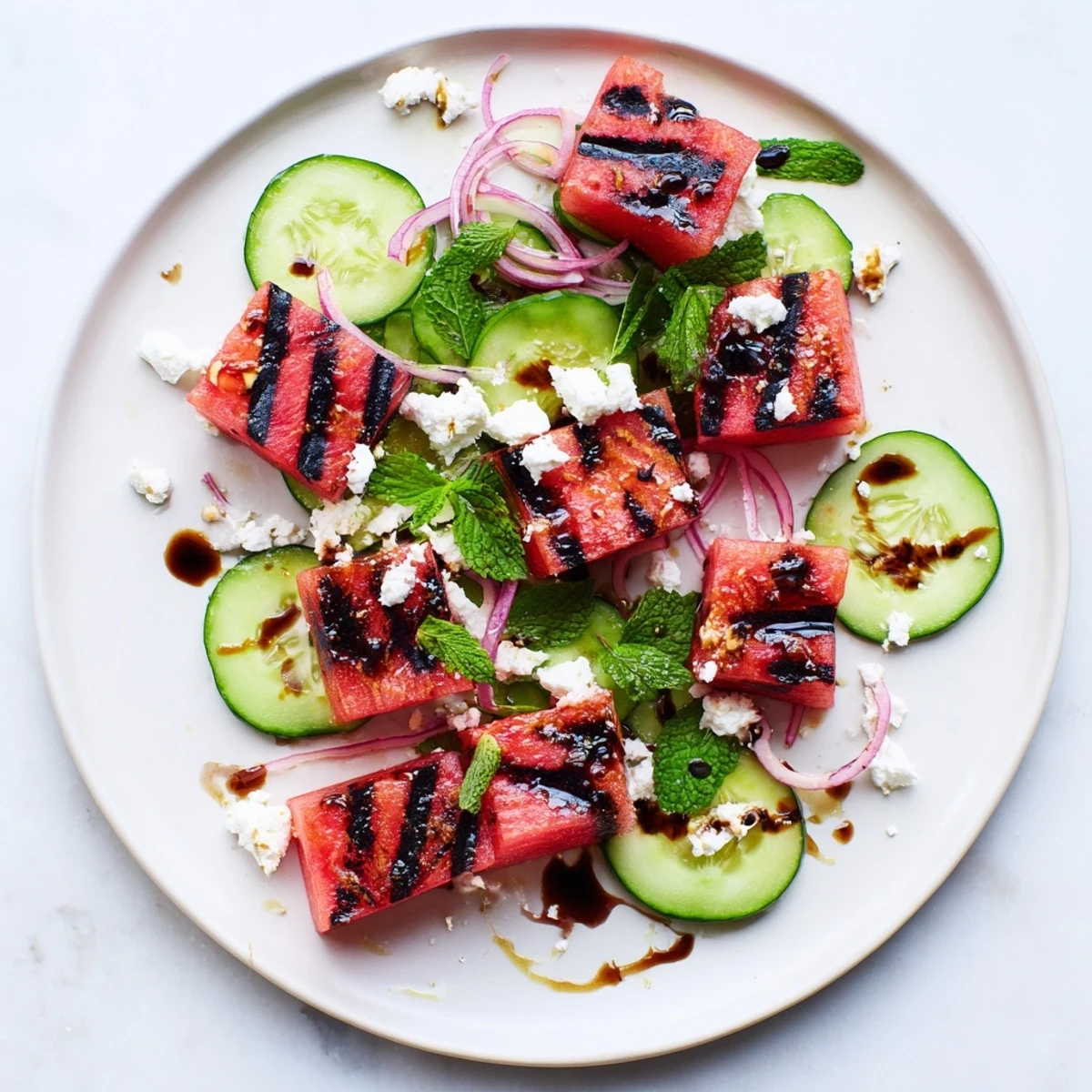 Fresh grilled watermelon and feta mint salad bowl topped with crumbled cheese and bright green mint