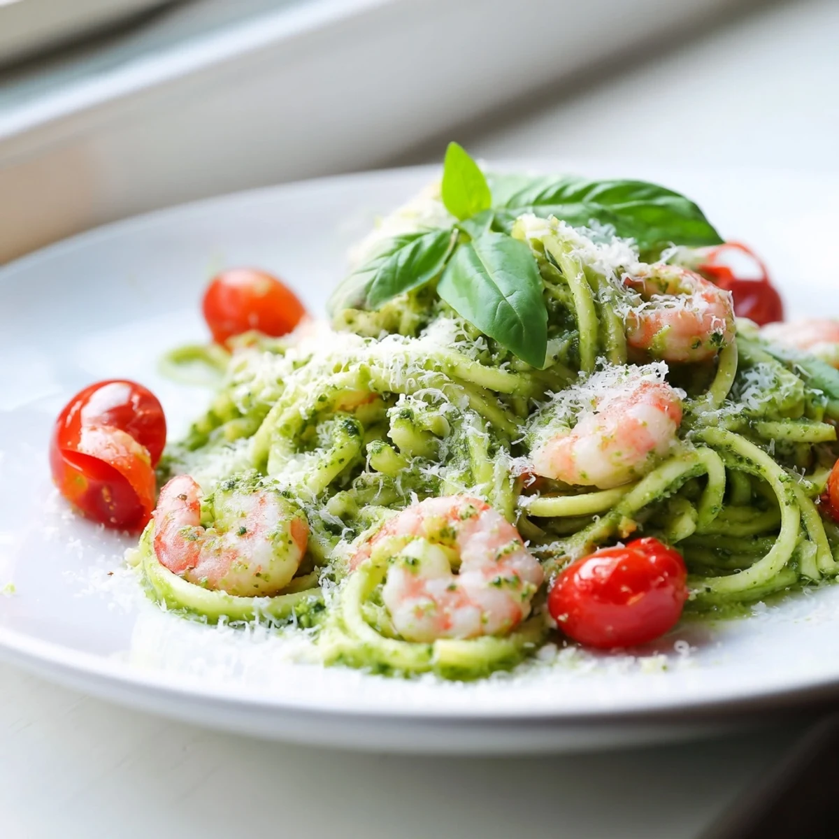 Low-carb pesto shrimp and zucchini noodle toss featuring tender seafood and fresh cherry tomatoes in a skillet