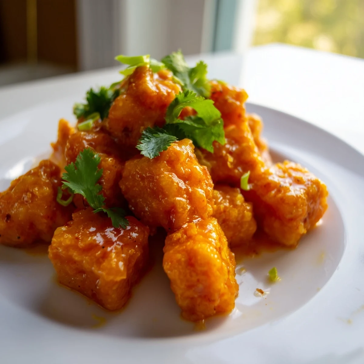 Vibrant bowl of spicy mango tofu served atop refreshing shredded cabbage with crisp red pepper strips