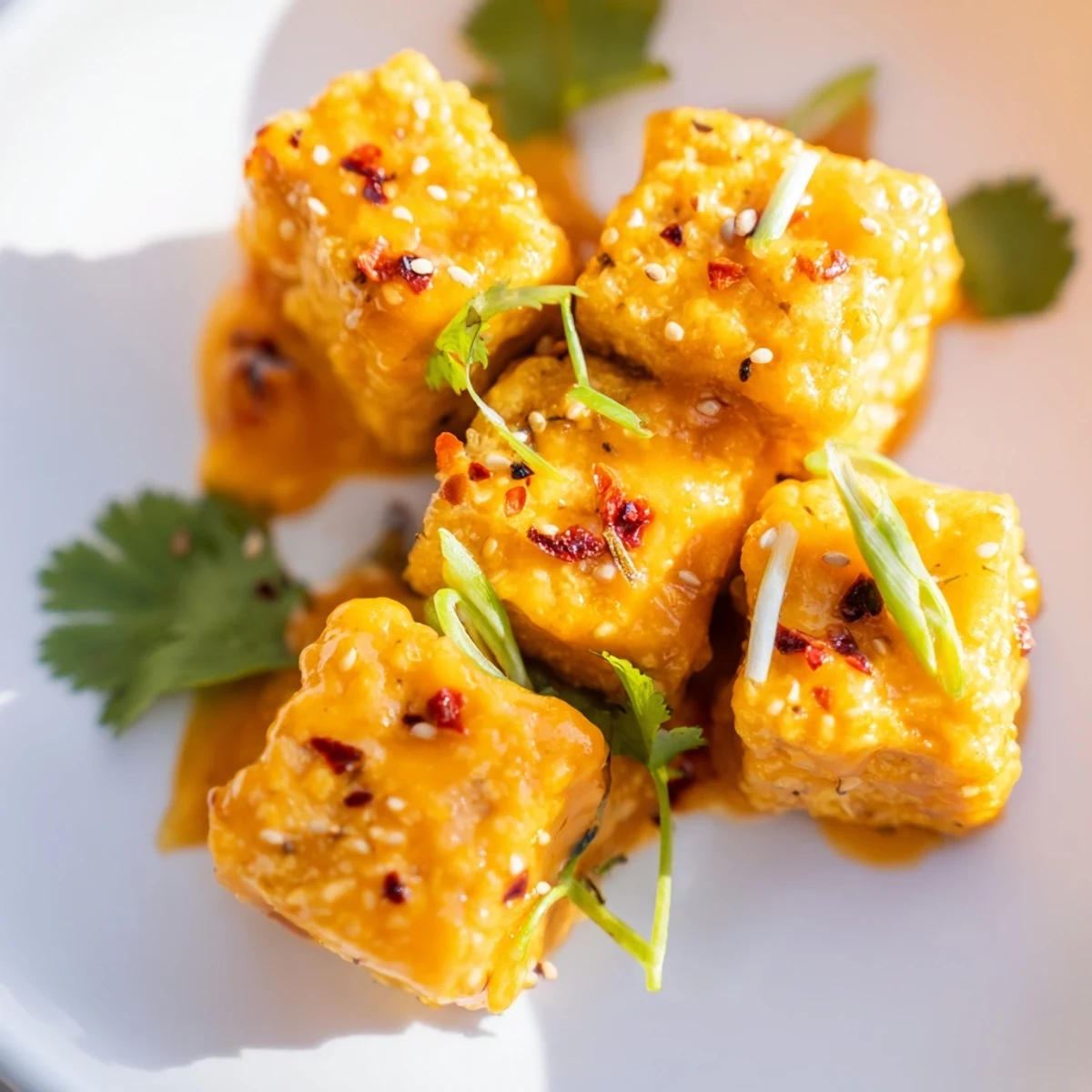 Plant-based spicy mango tofu with tangy lime cabbage slaw garnished with sesame seeds and fresh cilantro