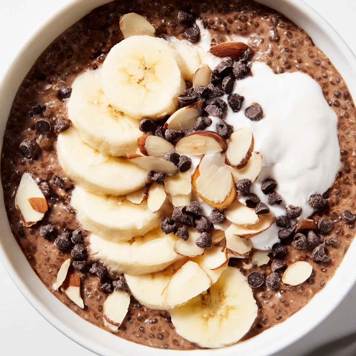Overnight chocolate chia bowl with protein powder, fresh banana slices, and toasted almond toppings