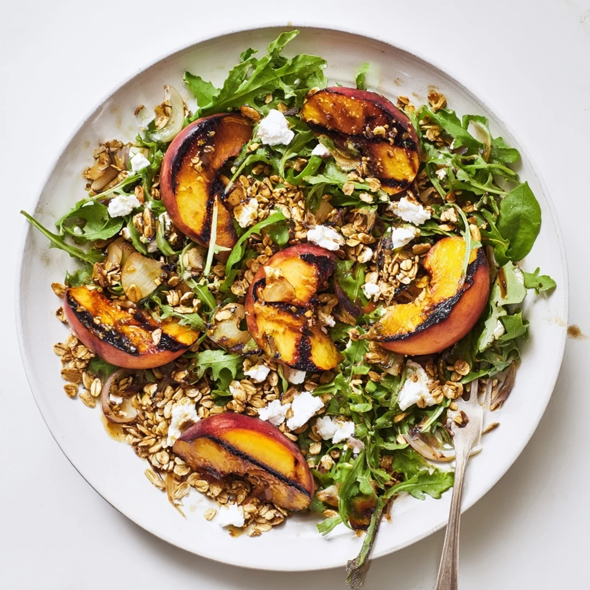 Summer salad bowl featuring charred plum wedges, peppery greens, and golden toasted almond oat topping