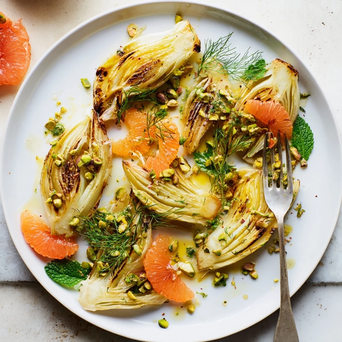 Mediterranean style roasted fennel and citrus salad drizzled with dressing and topped with fresh dill and mint