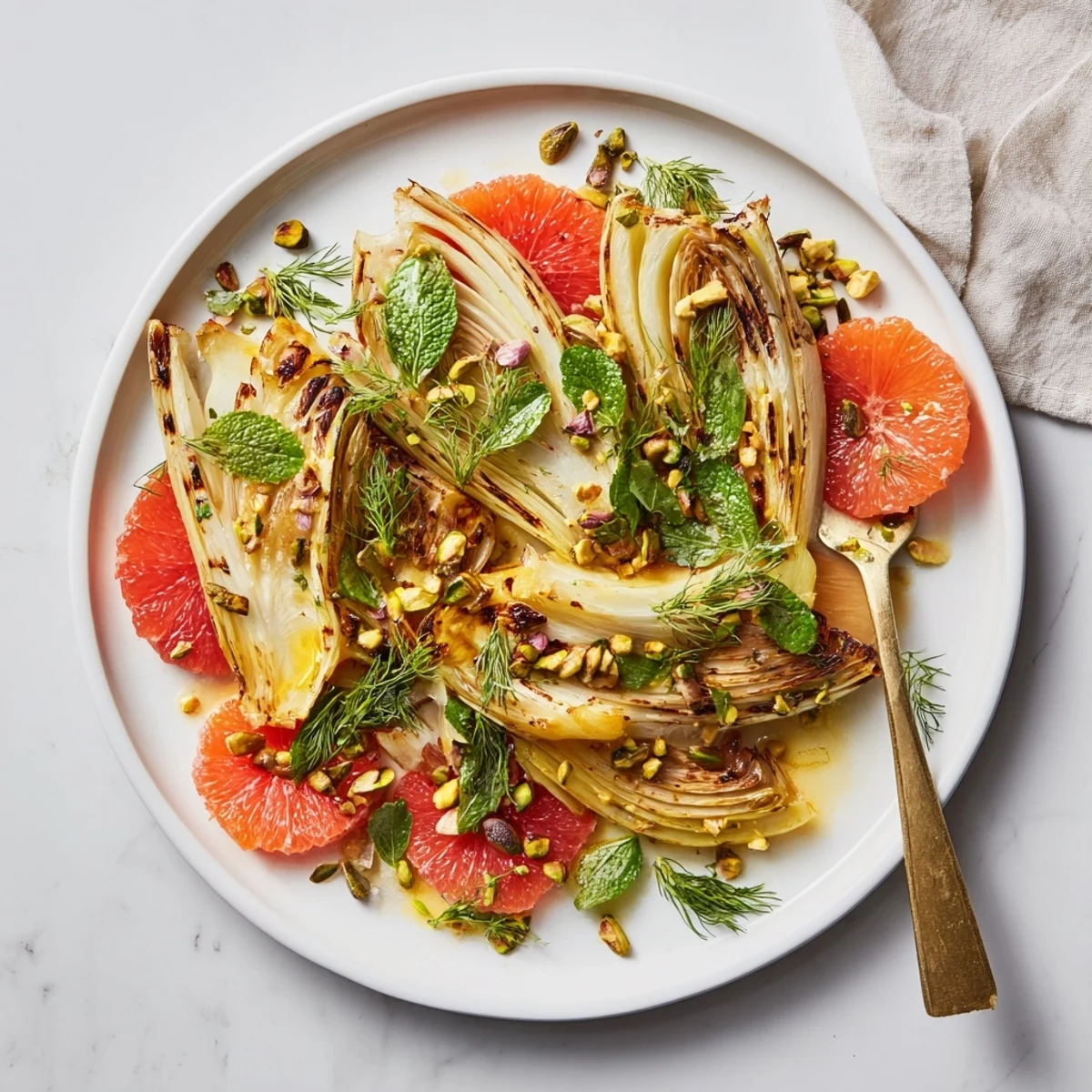 Fresh herb garnished citrus salad featuring caramelized fennel and colorful segmented fruit ready to serve