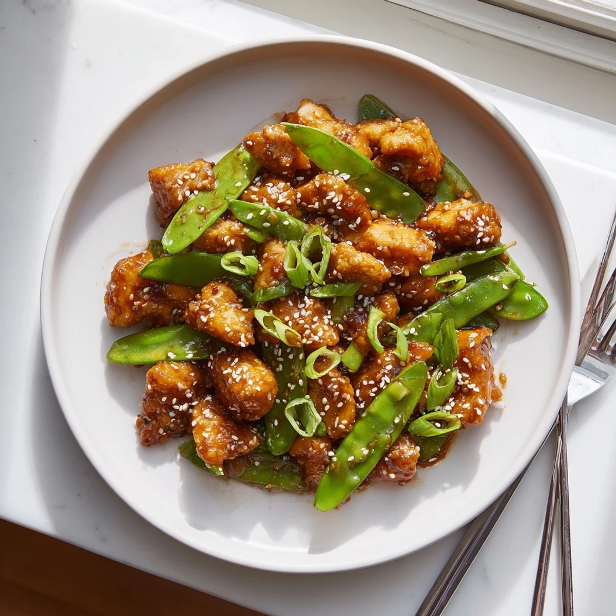 Golden glazed Miso Ginger Chicken served alongside vibrant green snap peas sprinkled with sesame seeds