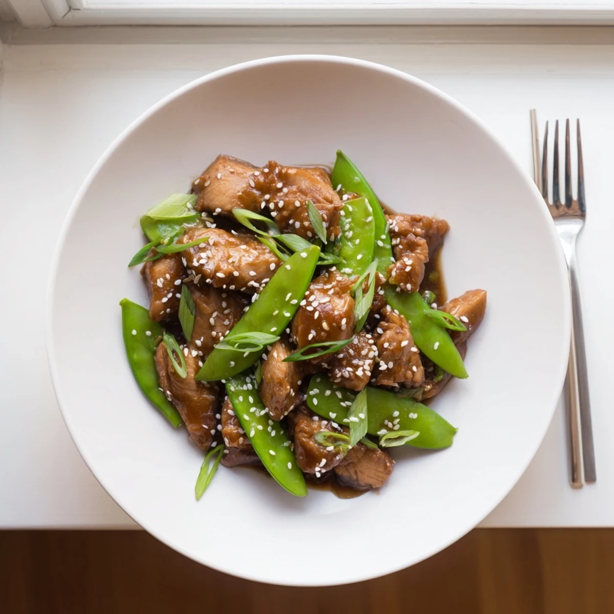 Tender chicken pieces in miso ginger sauce paired with fresh snap peas and spring onion garnish