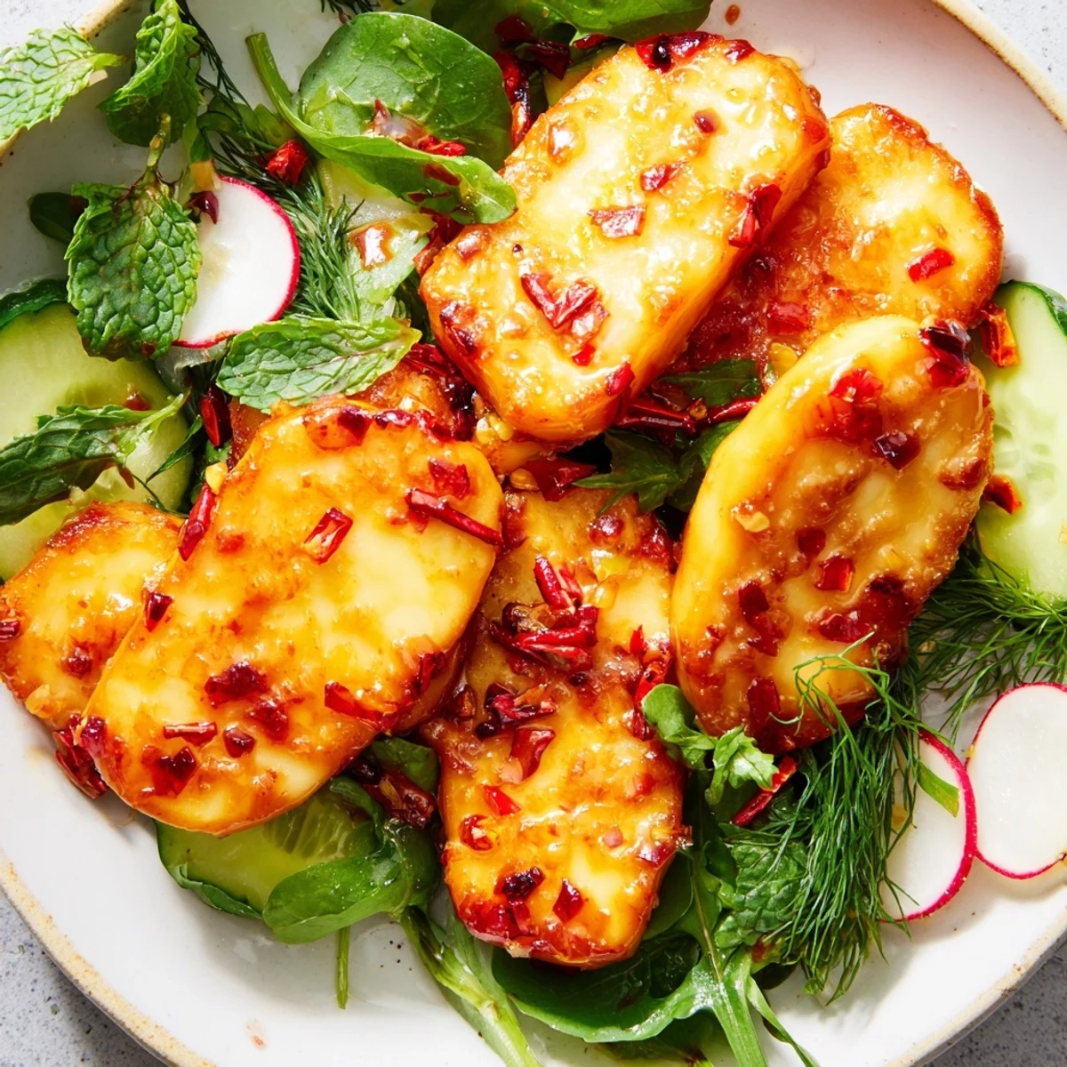 Golden pan-fried halloumi cheese coated in spicy chili honey glaze atop fresh herb salad