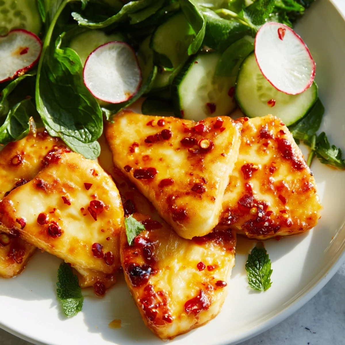 Crispy halloumi slices drizzled with sweet chili honey served over zesty Mediterranean herb and vegetable salad