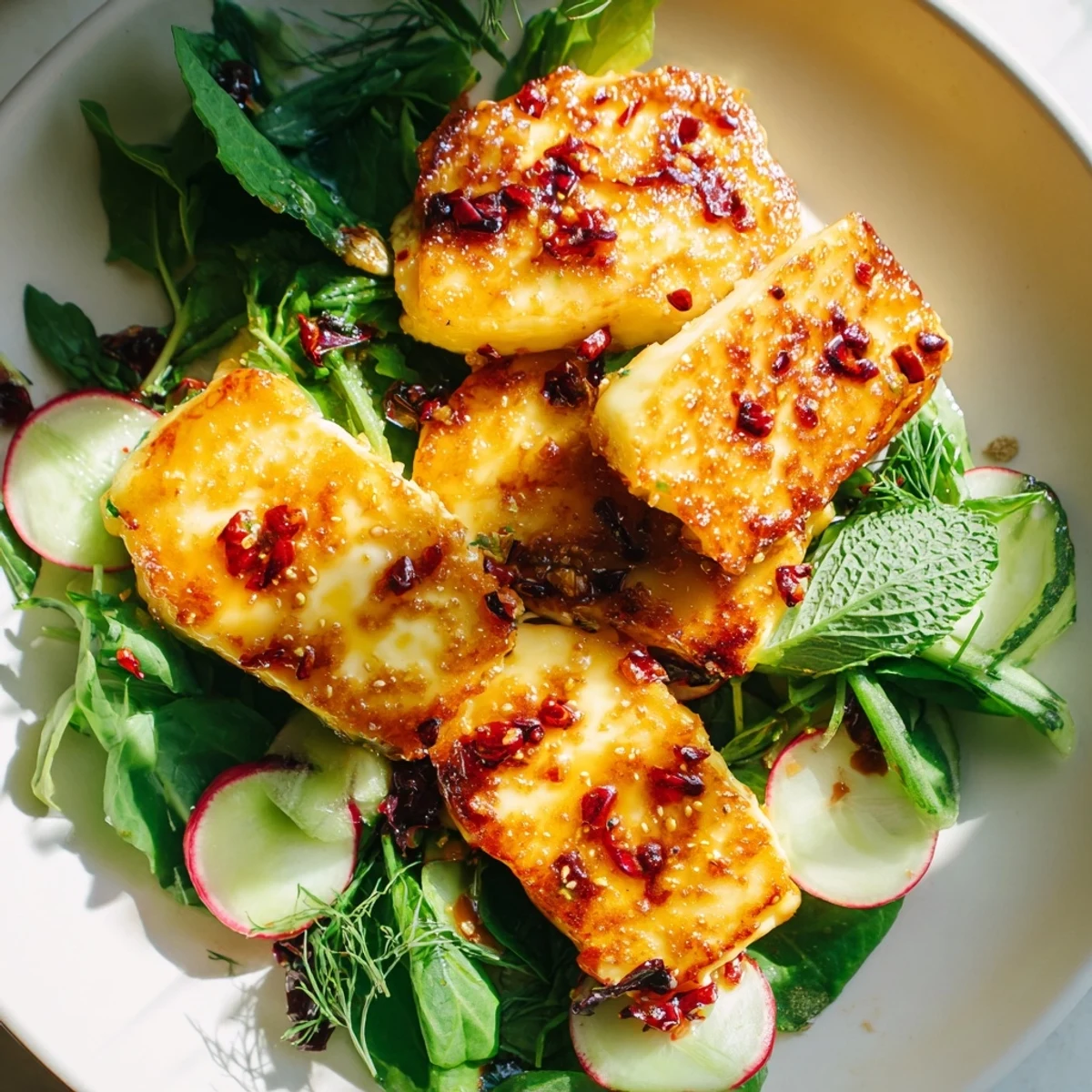 Golden brown halloumi finished with sticky chili honey glaze paired with crisp cucumber and radish salad