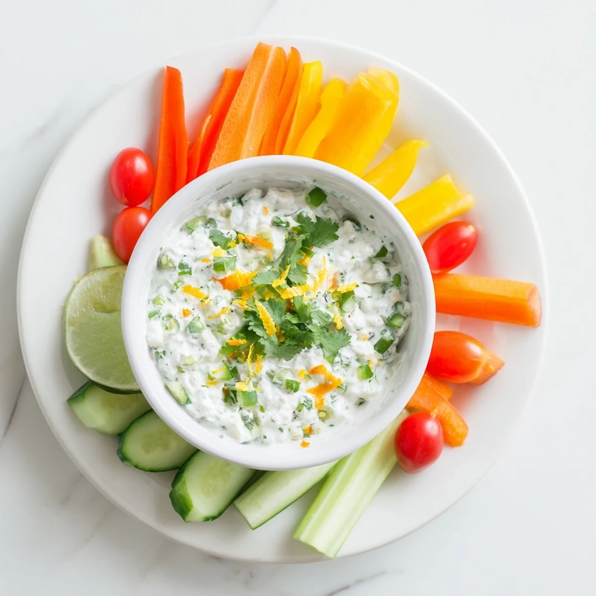 Creamy cottage cheese jalapeño lime dip served with colorful fresh vegetables for a healthy appetizer