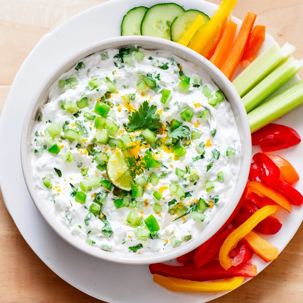 Protein-rich cottage cheese jalapeño lime dip displayed with sliced cucumber carrots bell peppers and cherry tomatoes