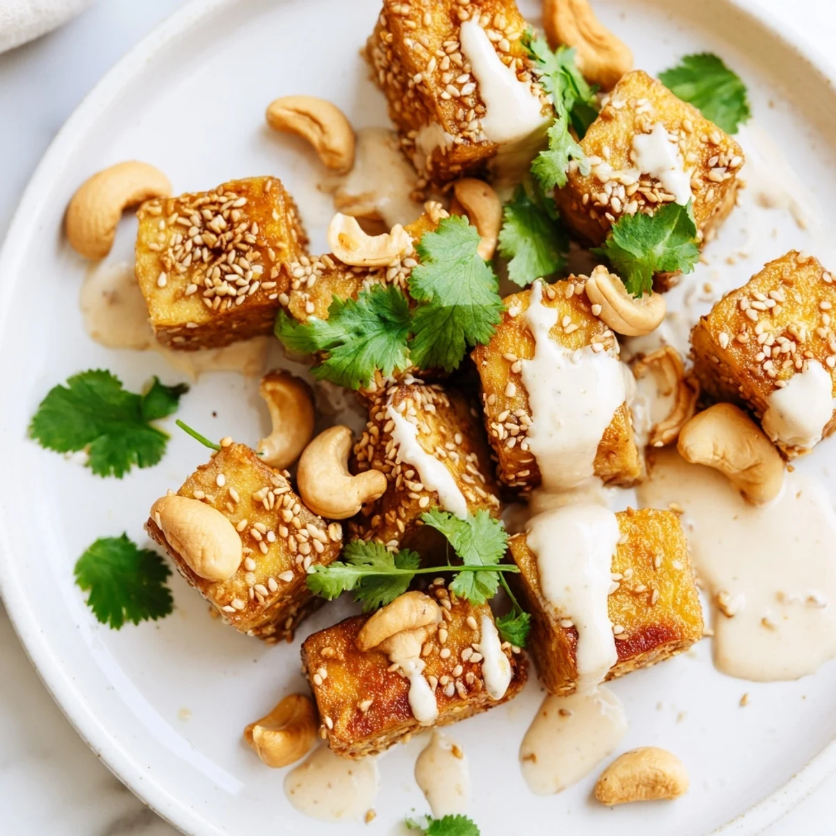 Golden miso sesame tofu cubes served over fluffy brown rice with crisp cucumber ribbons and colorful vegetables in a nourishing bowl