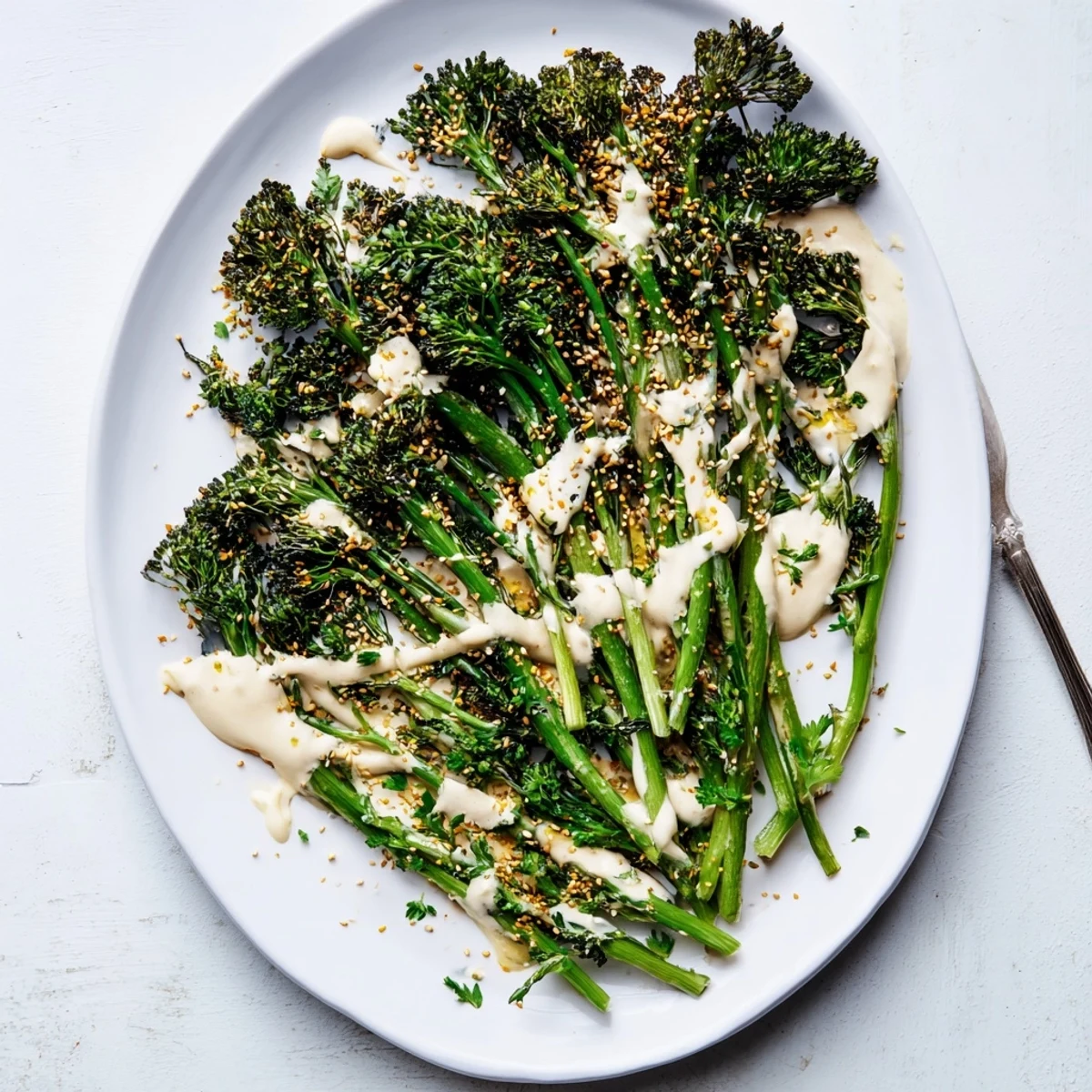 Golden roasted broccolini with charred tips drizzled with creamy lemon tahini sauce
