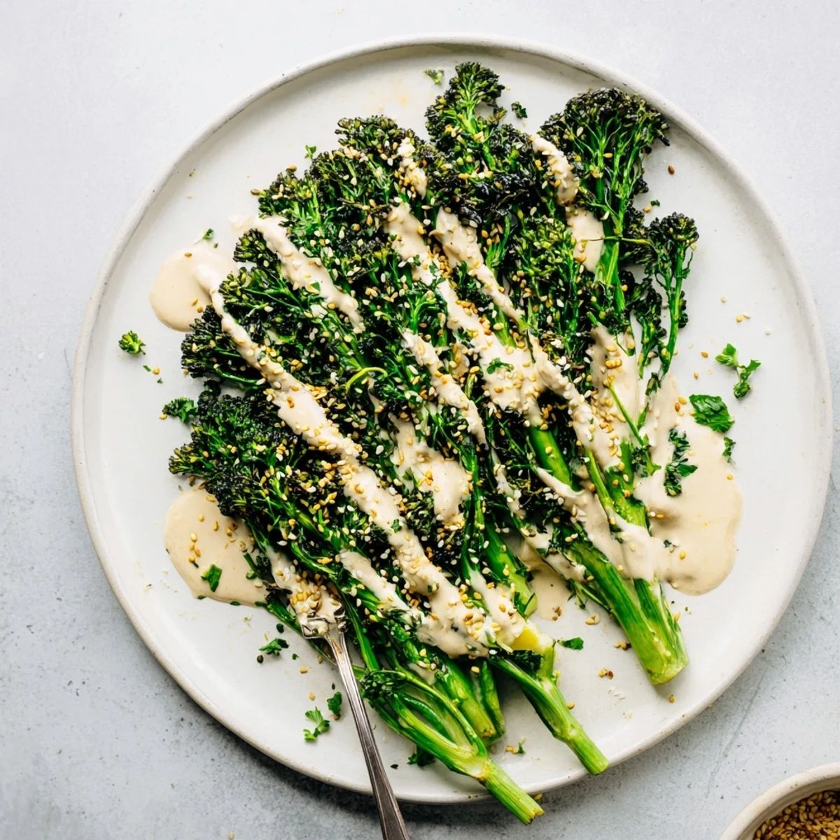 Fresh broccolini with caramelized edges finished with bright lemon tahini and sesame seeds