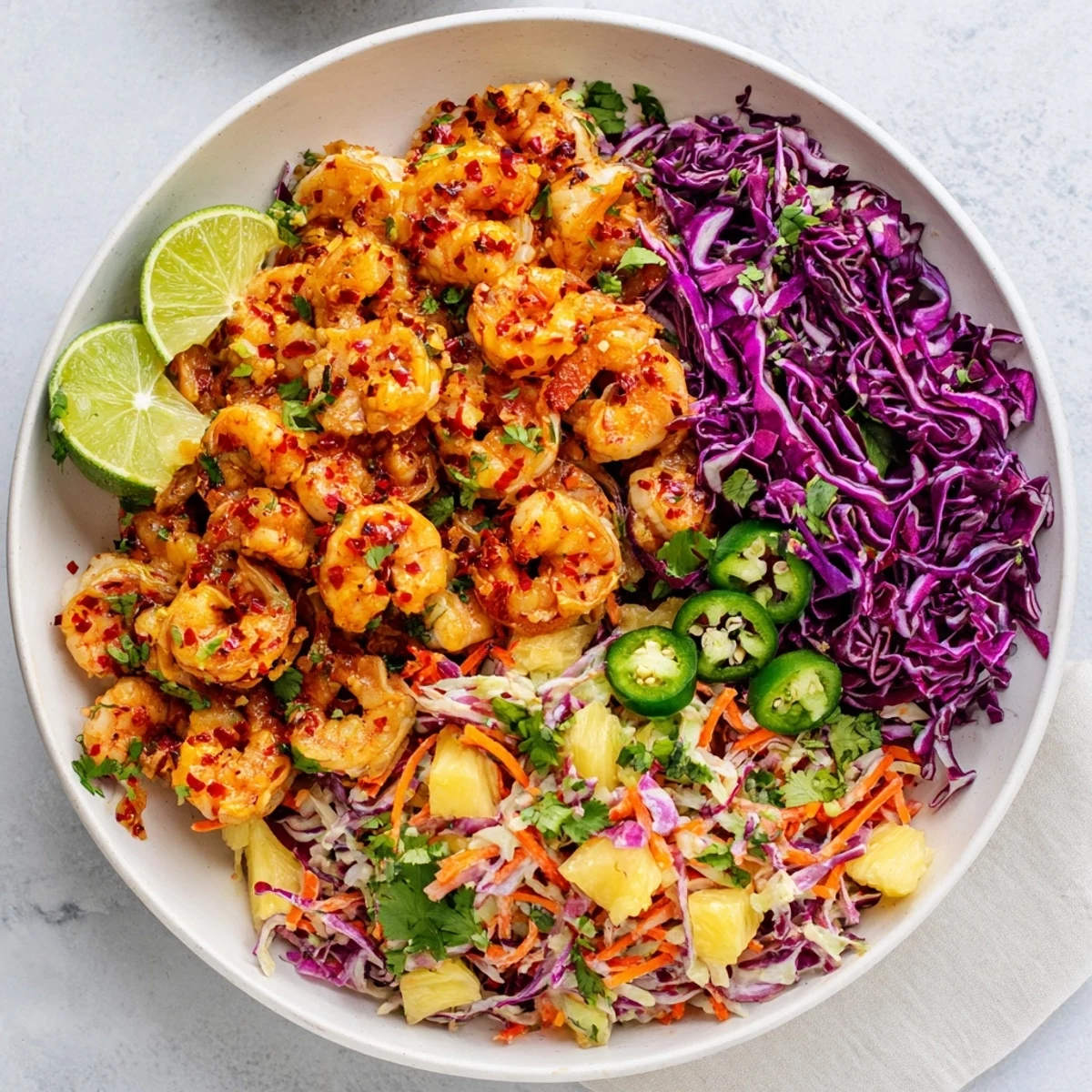 Succulent chili-garlic shrimp served atop tangy pineapple slaw for a vibrant fusion dinner bowl