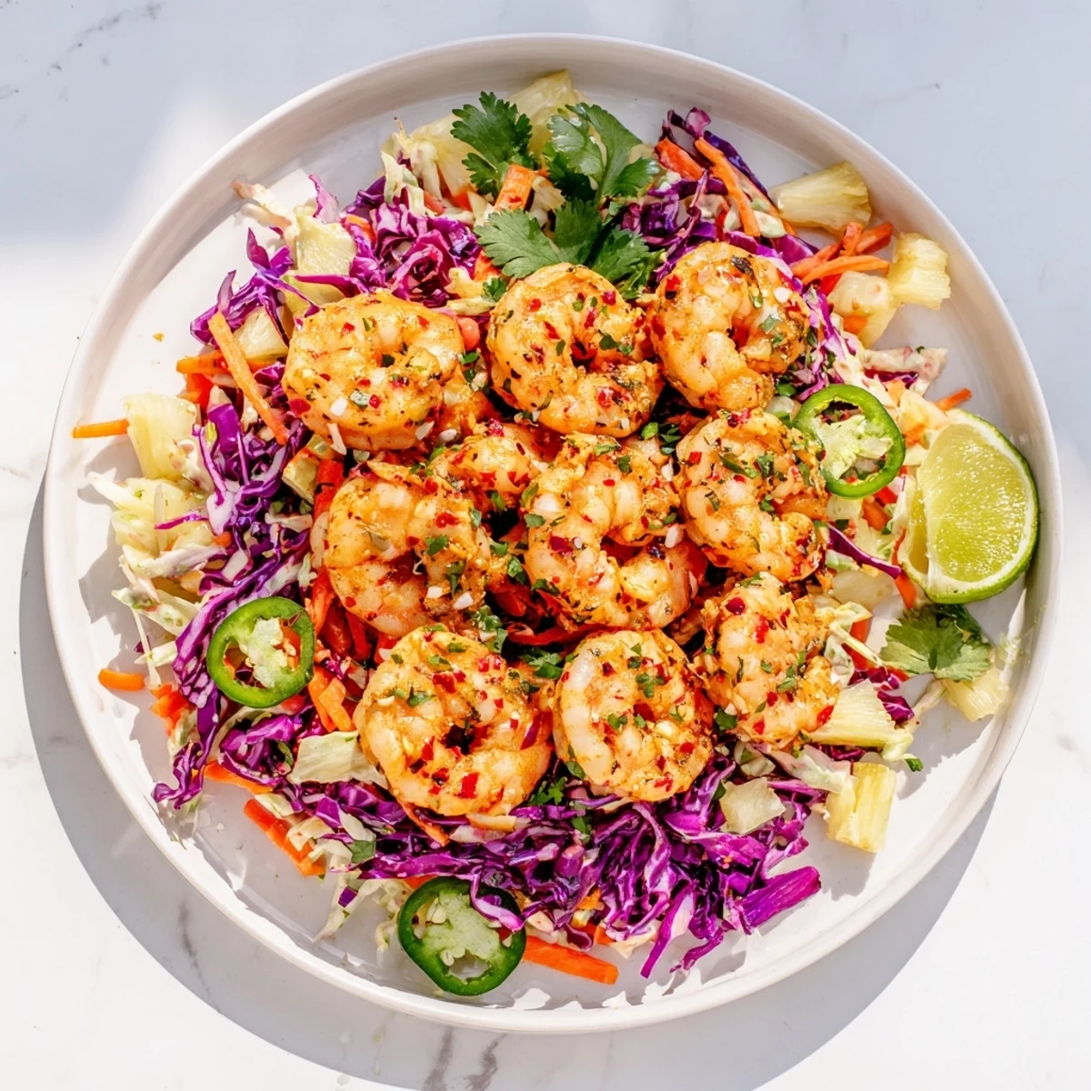 Pan-seared garlic shrimp with red pepper flakes arranged over refreshing pineapple carrot slaw mixture