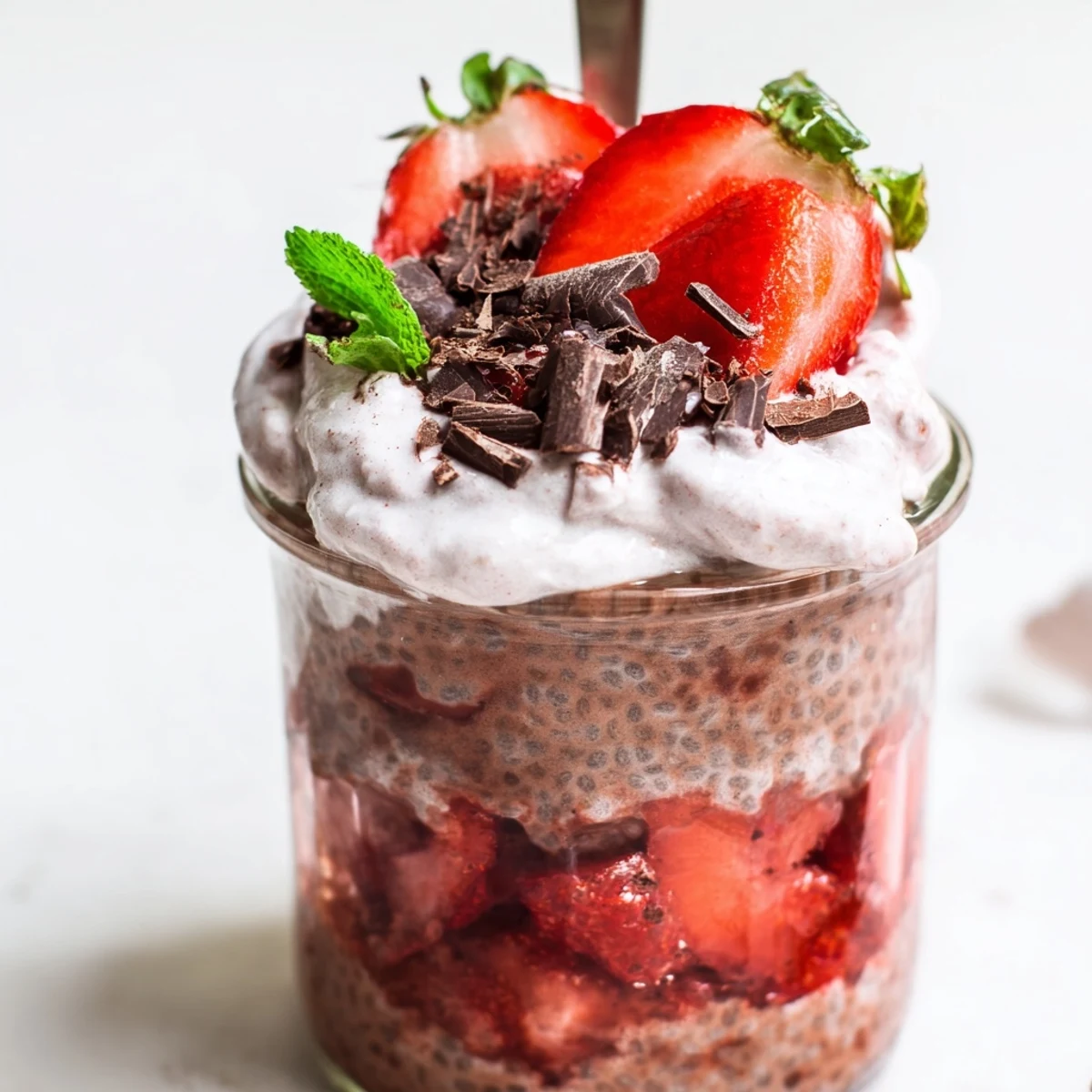 Layers of chocolate strawberry protein chia whip topped with fresh berries and mint in a glass jar