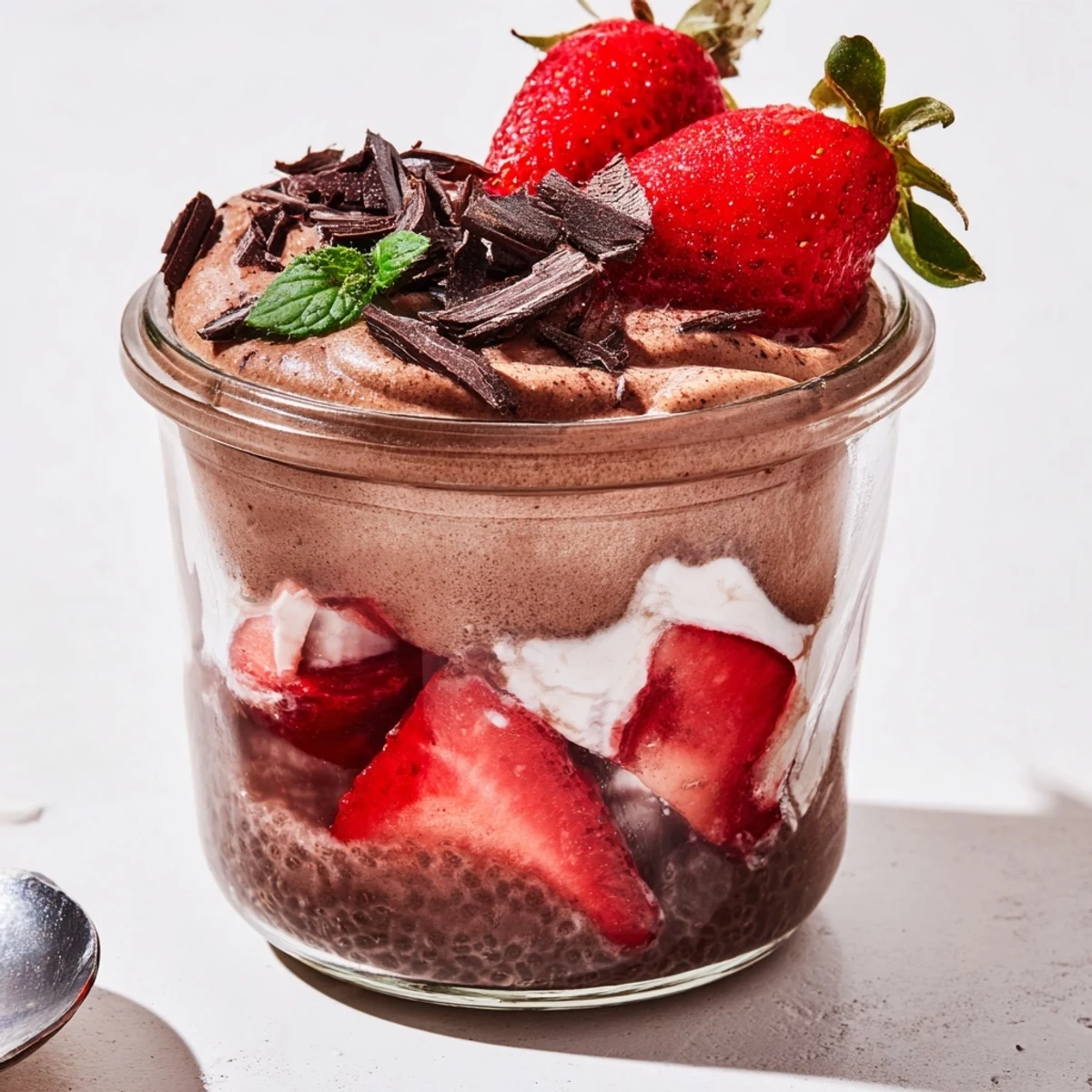 Decadent chocolate strawberry protein chia whip dessert with dark chocolate shavings and fresh strawberries
