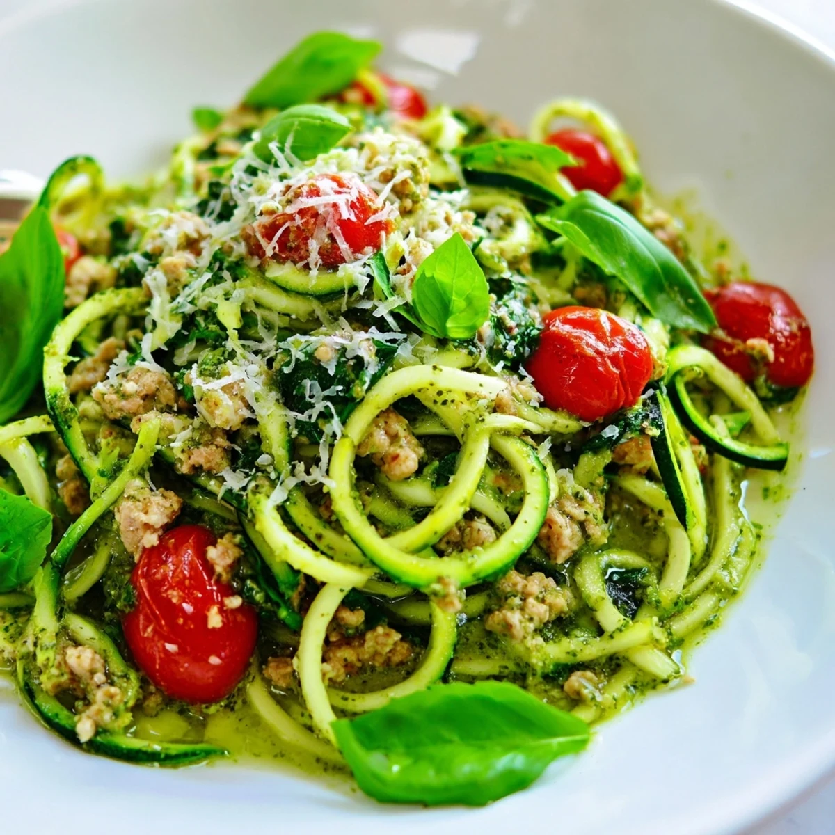 Golden brown ground turkey tossed with vibrant green zucchini noodles and aromatic basil pesto in a skillet