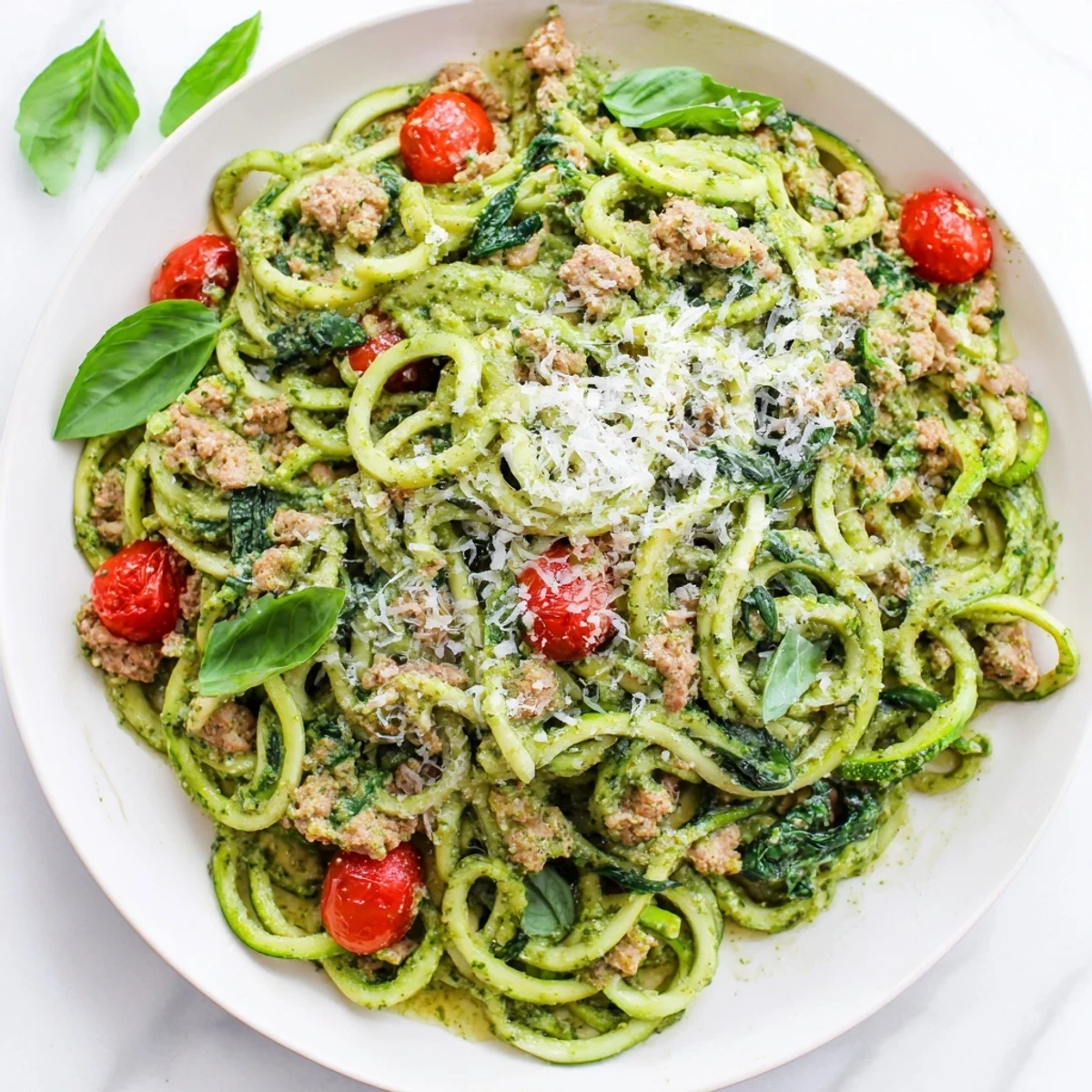 Sizzling low-carb pesto turkey and zucchini noodle skillet garnished with Parmesan and fresh basil leaves