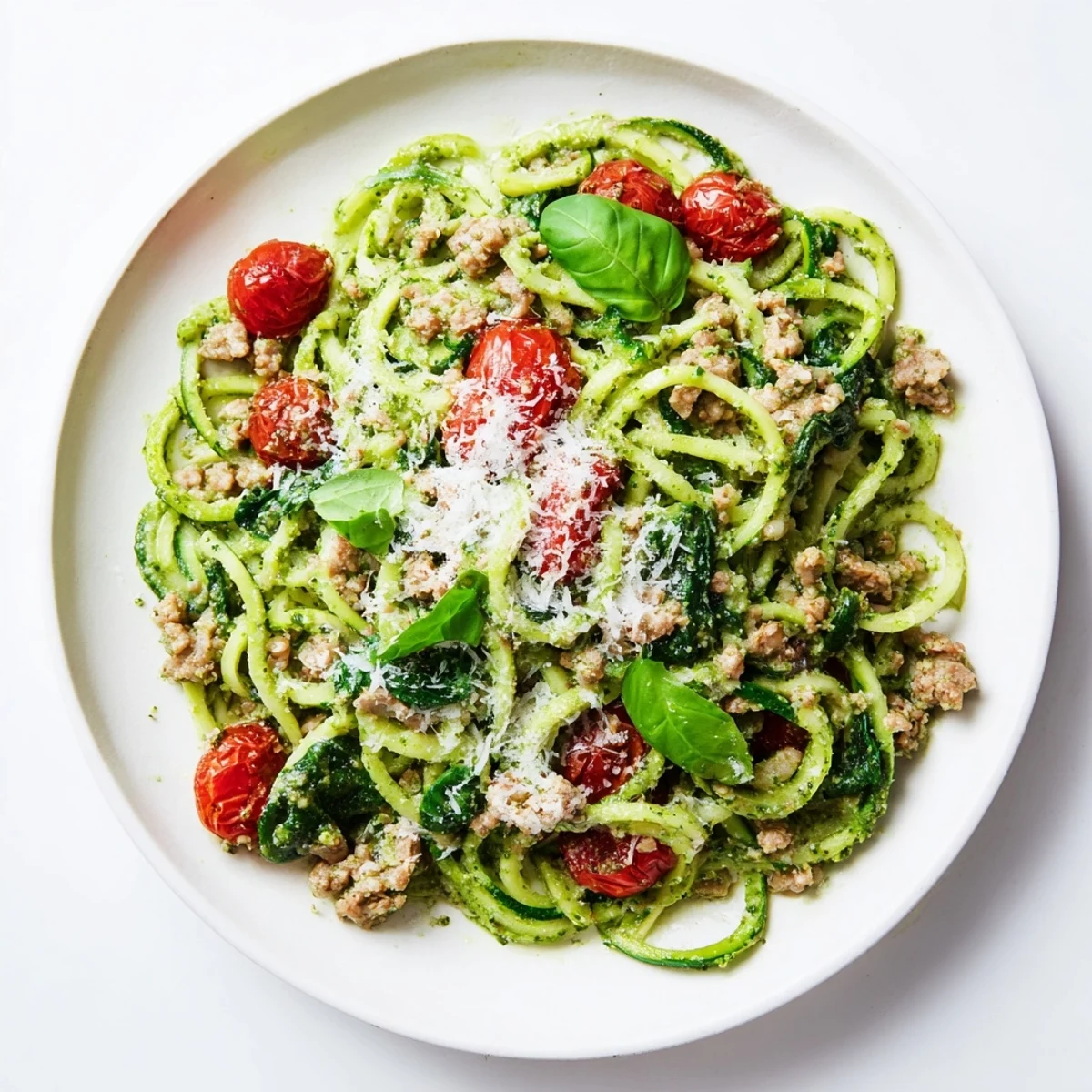 Steaming Italian-inspired skillet featuring juicy ground turkey, crisp zucchini noodles, and wilted spinach in basil pesto sauce