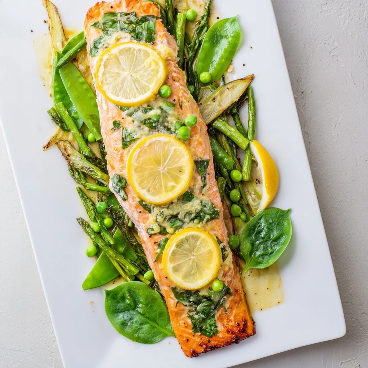 Fresh salmon baked with lemon slices alongside tender asparagus, snap peas, and wilted baby spinach