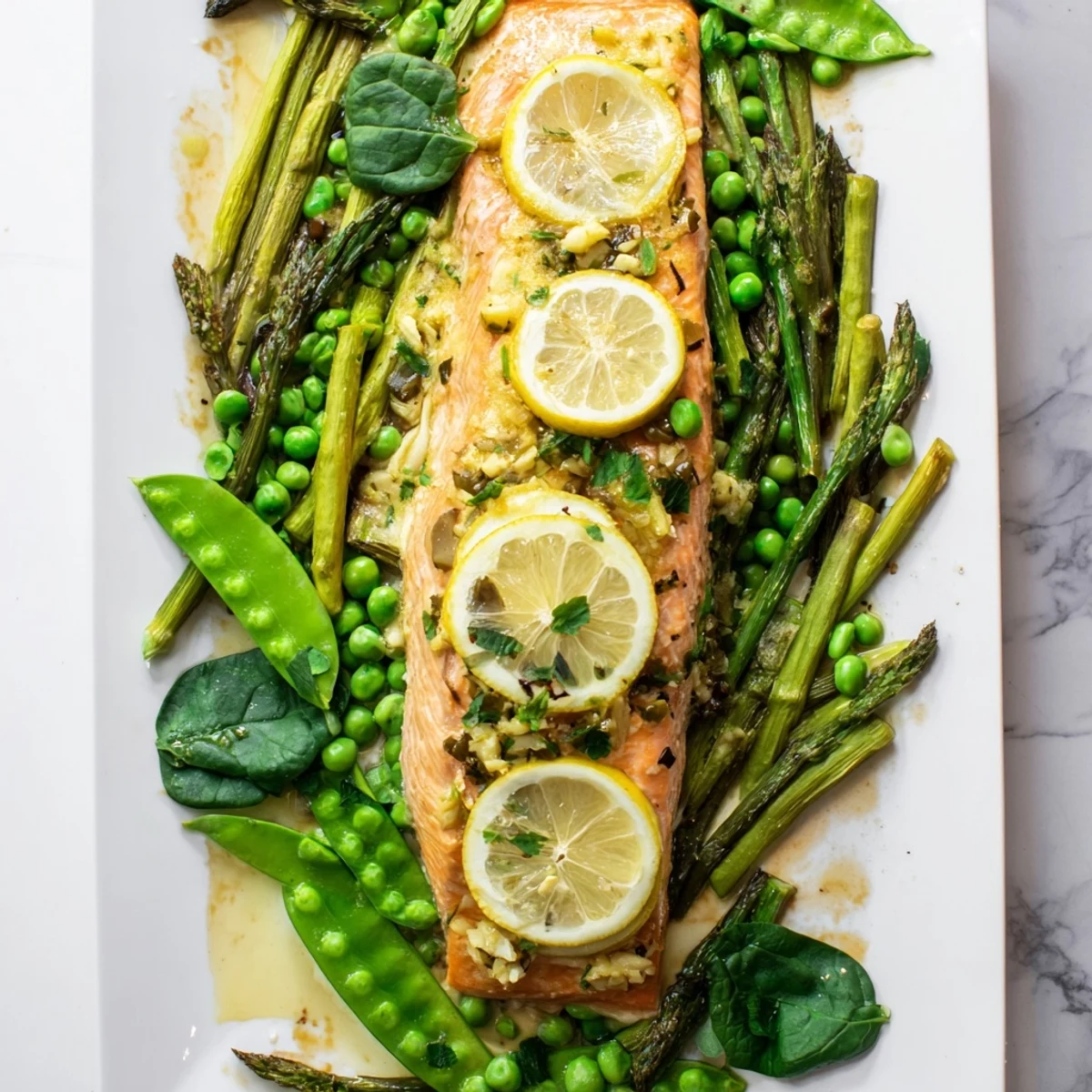 Flaky pink salmon resting on a bed of colorful roasted spring greens drizzled with buttery garlic sauce