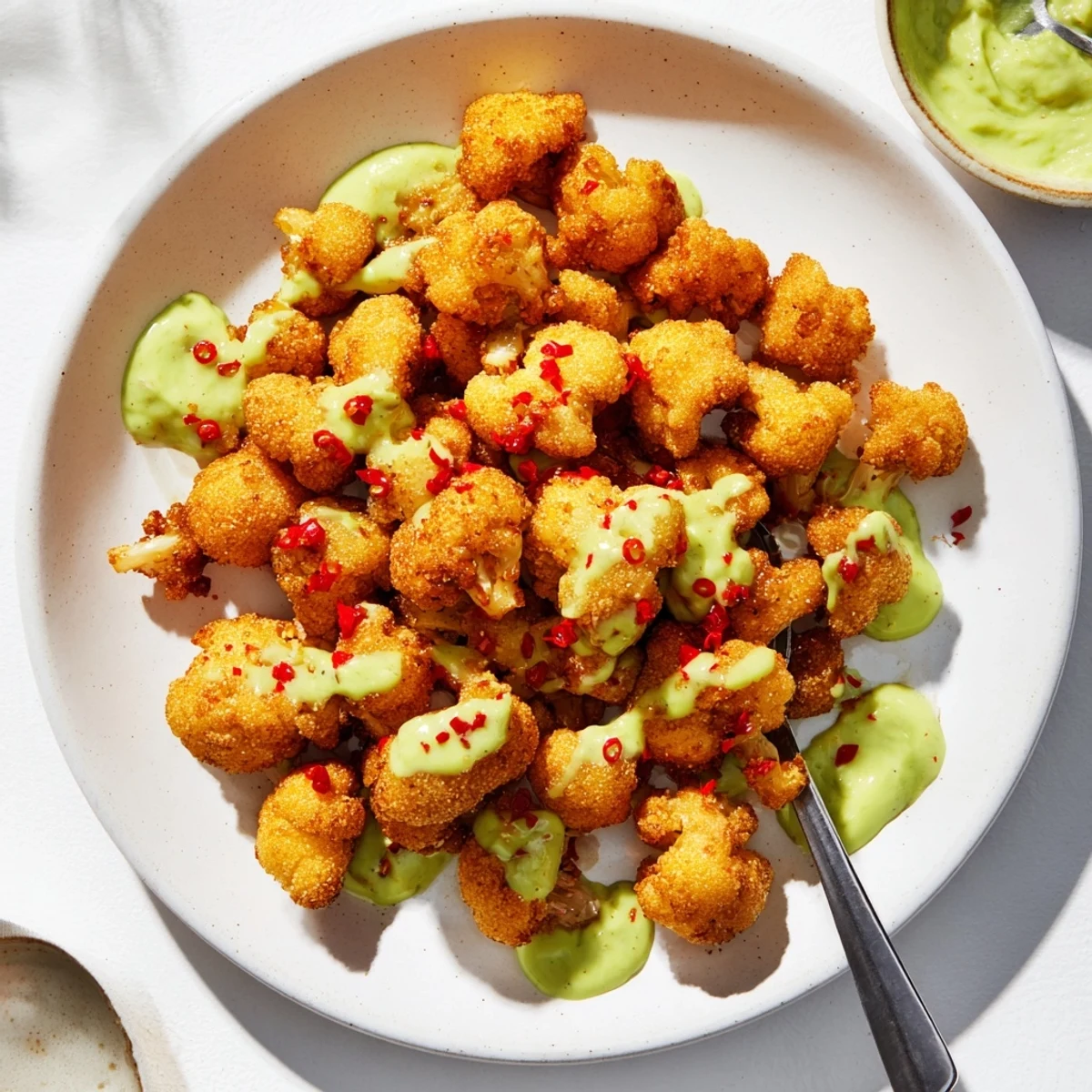Baked cauliflower bites coated in panko breadcrumbs topped with warm honey sauce