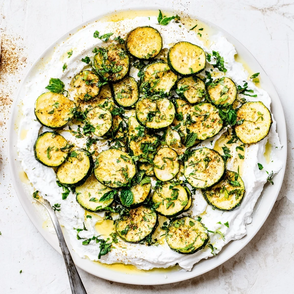 Golden roasted zucchini rounds arranged over creamy whipped feta garnished with fresh chopped mint and dill