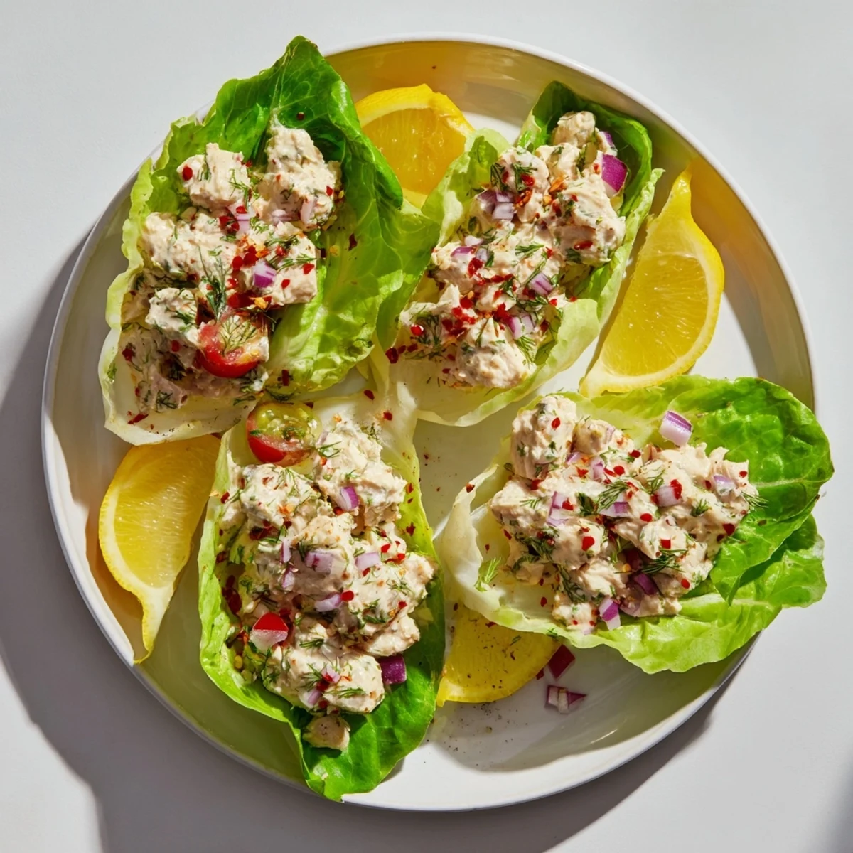 Fresh lettuce cups loaded with tender chicken cottage cheese lemon garlic mixture topped with cherry tomatoes and red onion