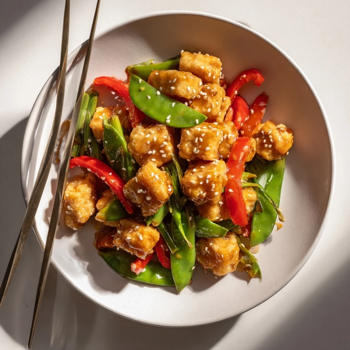 Golden brown miso maple tofu cubes coated in sticky glaze alongside bright green snap peas and red bell pepper slices