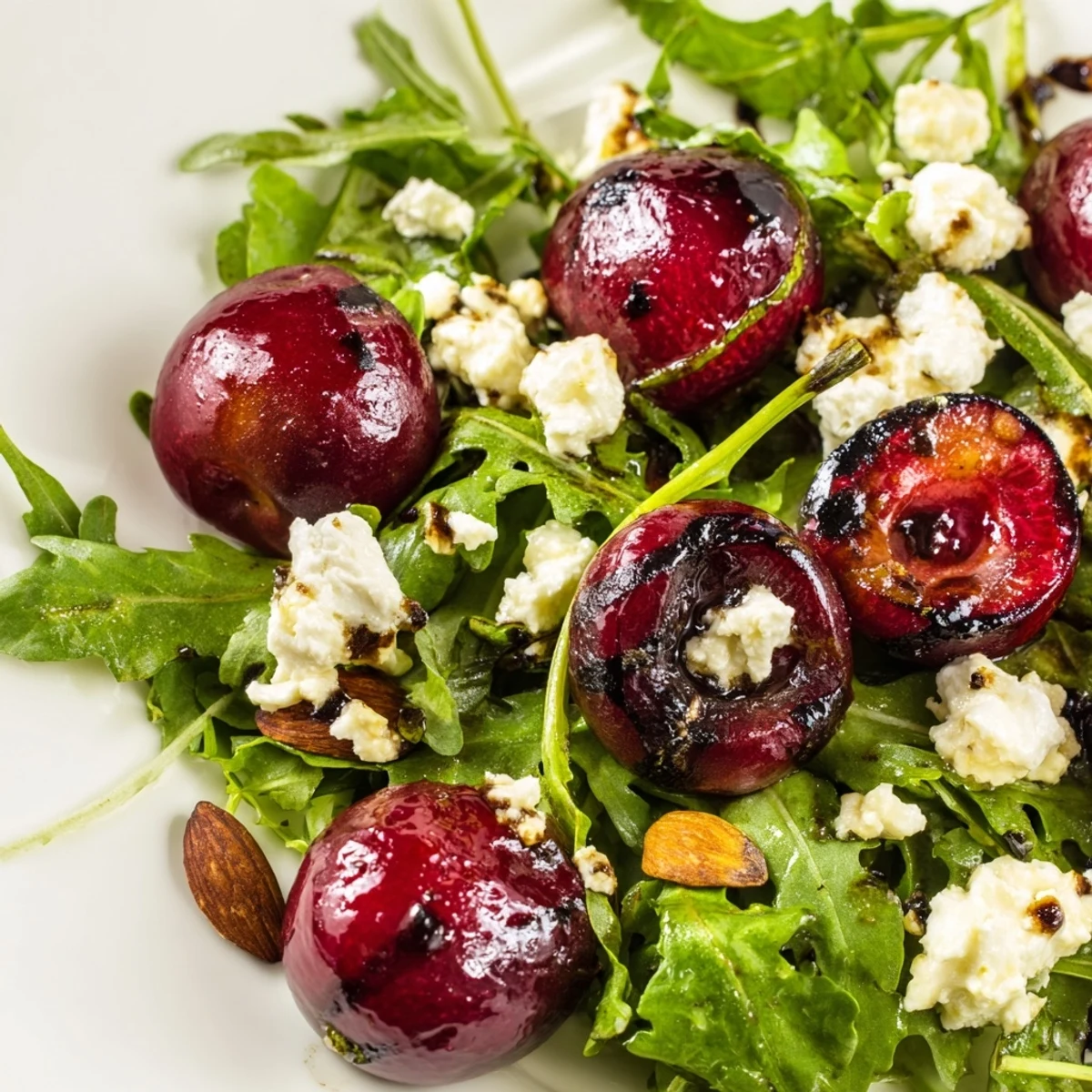 Colorful grilled cherry and arugula salad with creamy goat cheese and toasted almond crumble