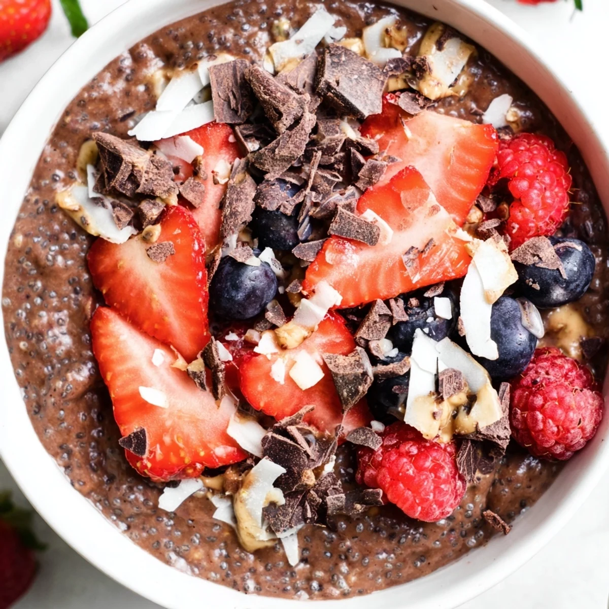 Creamy chocolate coconut berry protein chia bowl topped with fresh strawberries, blueberries, and shredded coconut