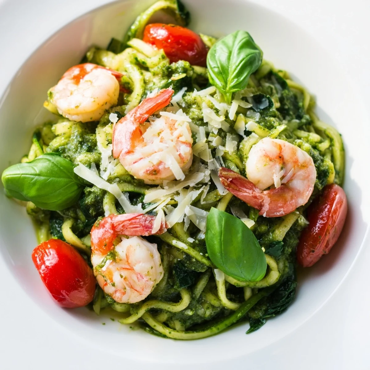 Pesto Shrimp Spinach Zoodle Skillet