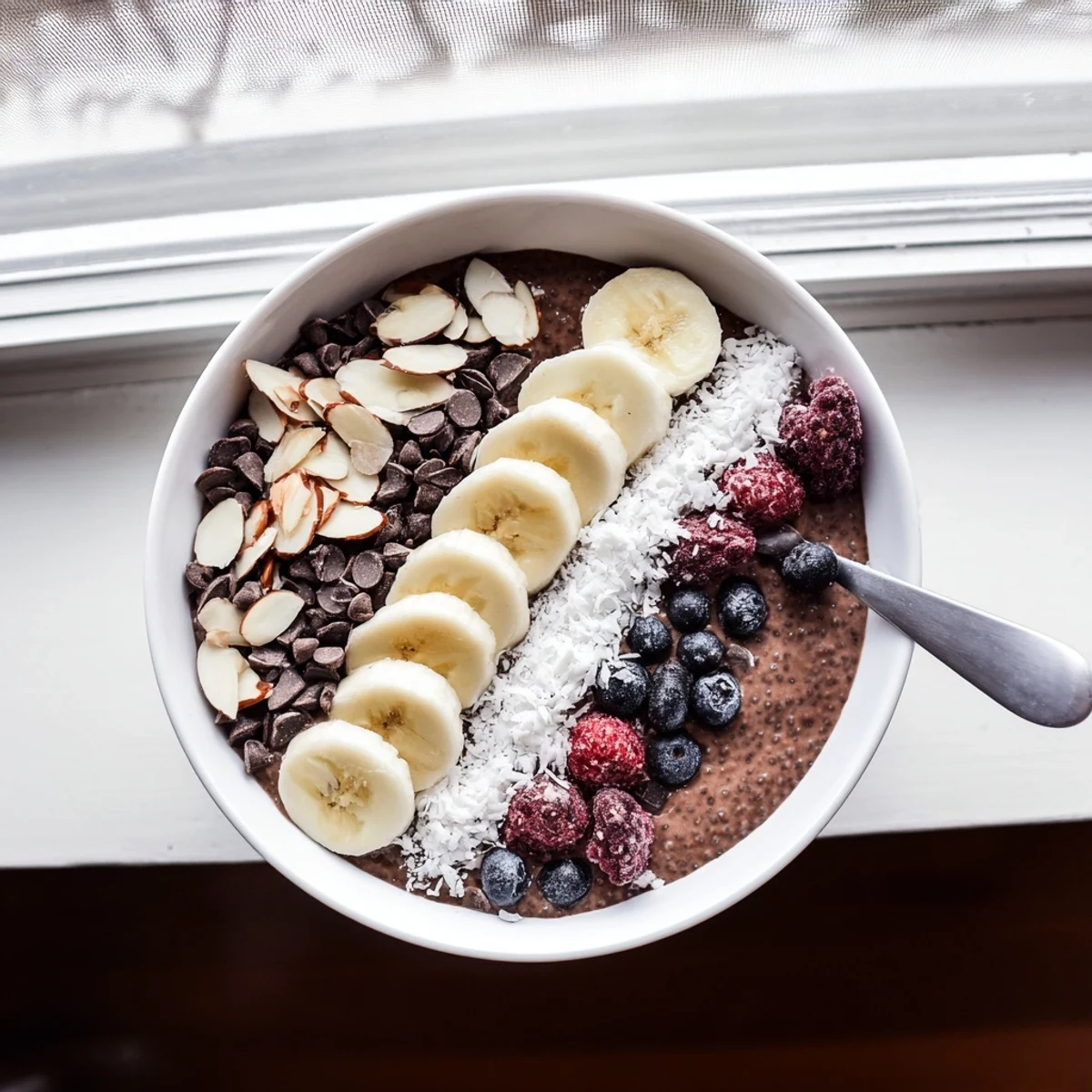Overnight chia breakfast bowl featuring chocolate protein pudding with coconut flakes and sliced almonds garnish