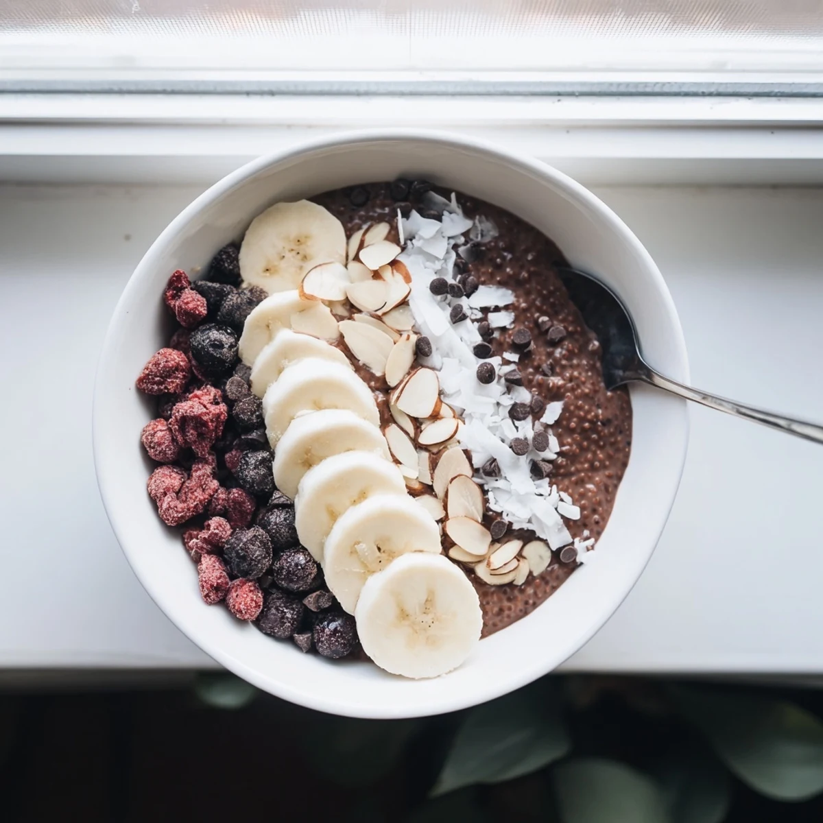 Rich chocolate protein chia bowl with shredded coconut, almonds, and fresh fruit toppings ready to serve