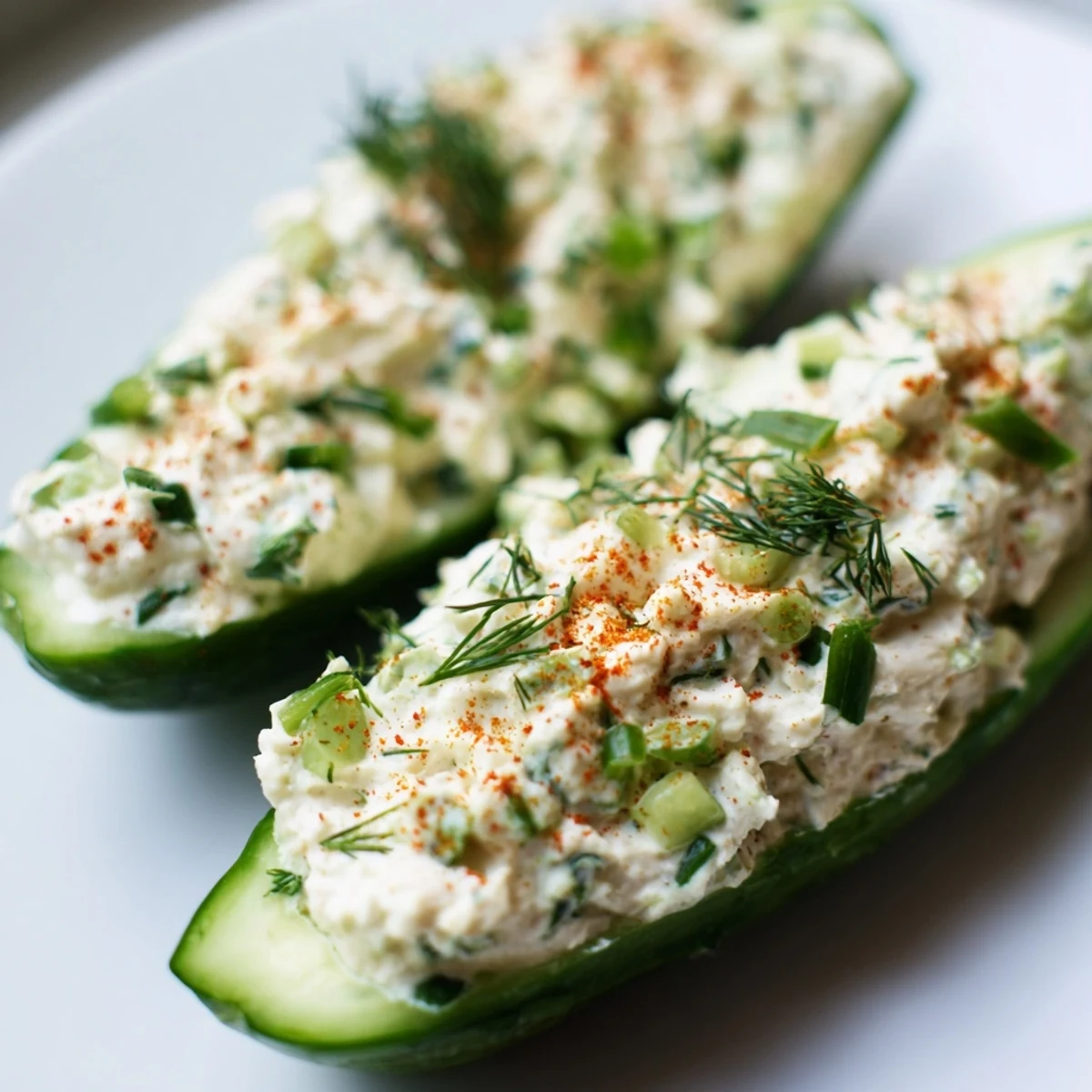 Protein-packed cottage cheese herb ranch stuffed cucumbers displayed on white serving platter with paprika sprinkle