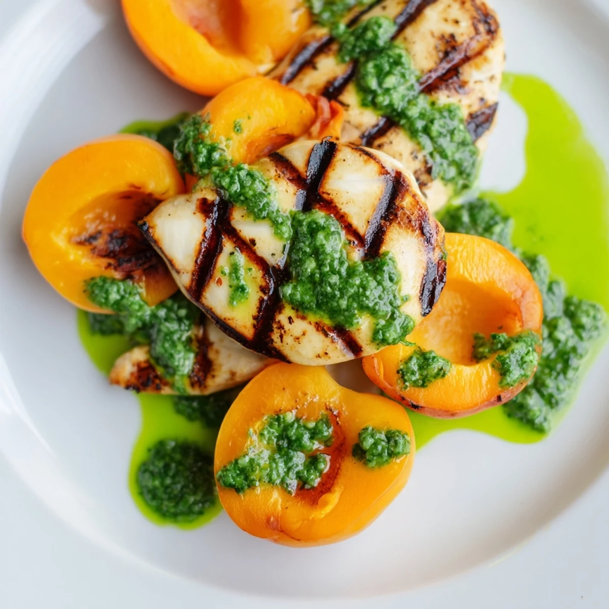 Golden grilled chicken breasts topped with caramelized apricot halves and vibrant green basil lime drizzle