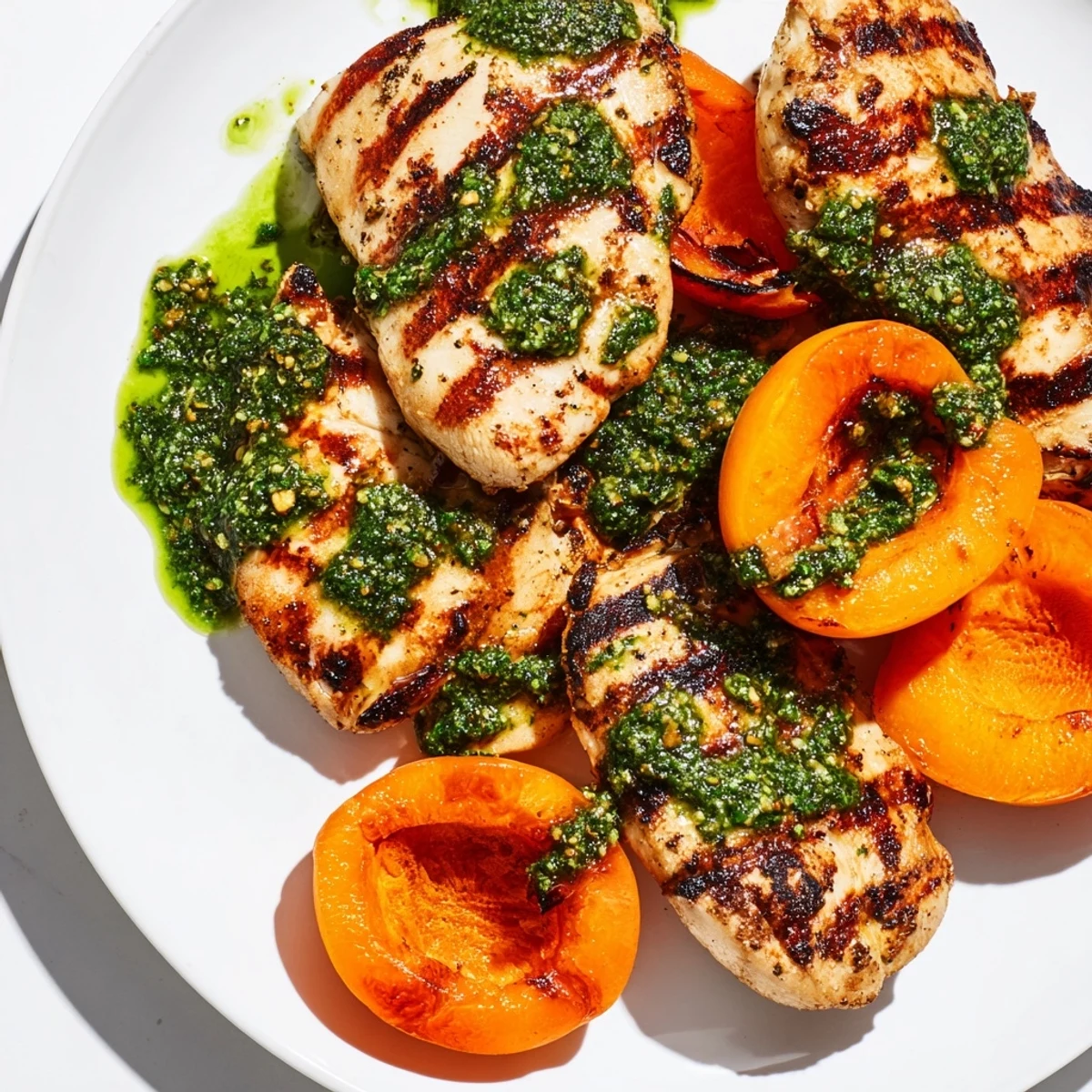 Platter of juicy grilled apricot chicken drizzled with fresh zesty basil lime sauce on a white serving dish