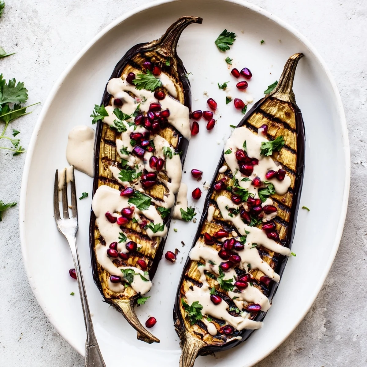 Middle Eastern roasted eggplant appetizer garnished with pomegranate seeds herbs and sesame tahini drizzle