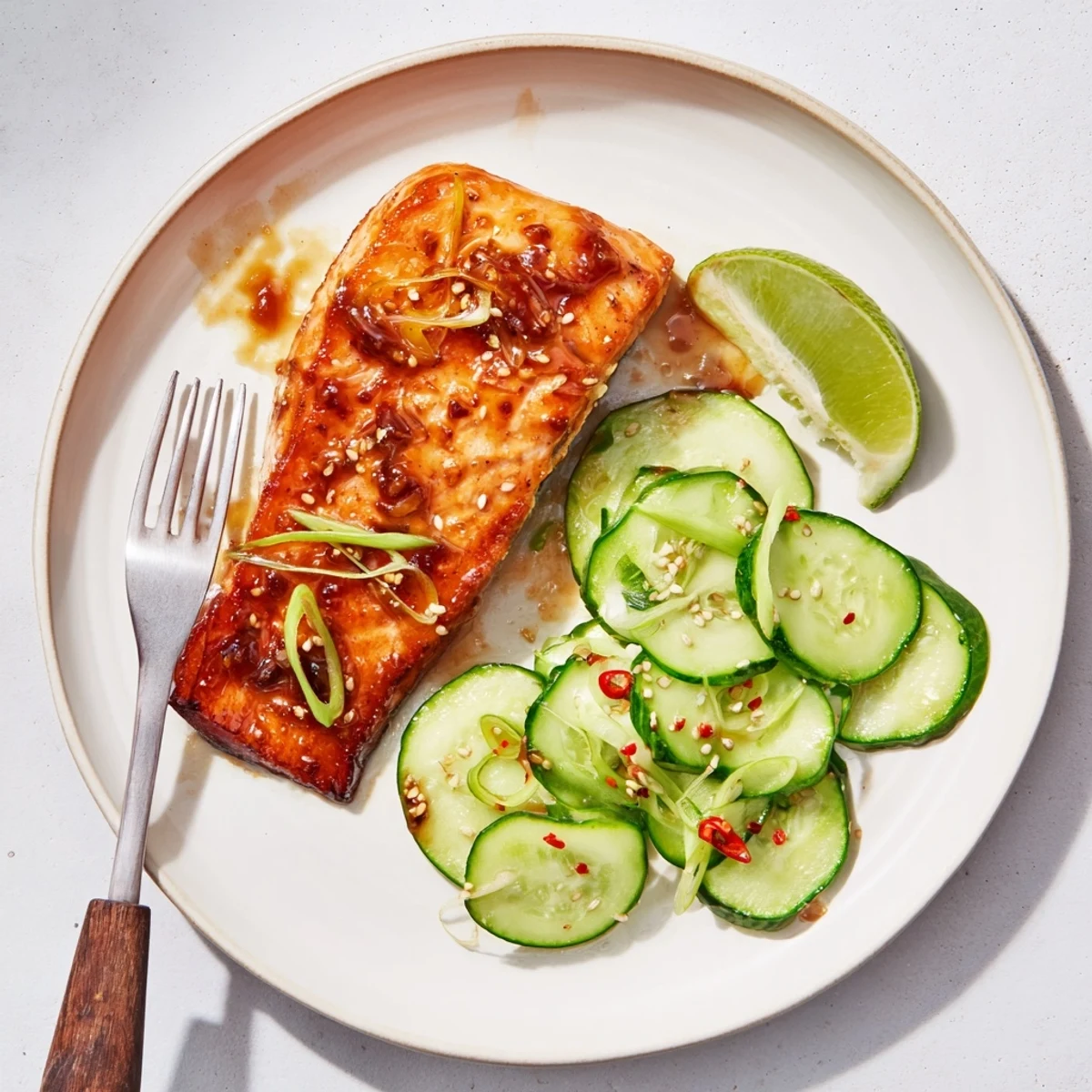 Golden glazed miso ginger salmon fillets served atop crisp sesame cucumber salad with fresh herbs