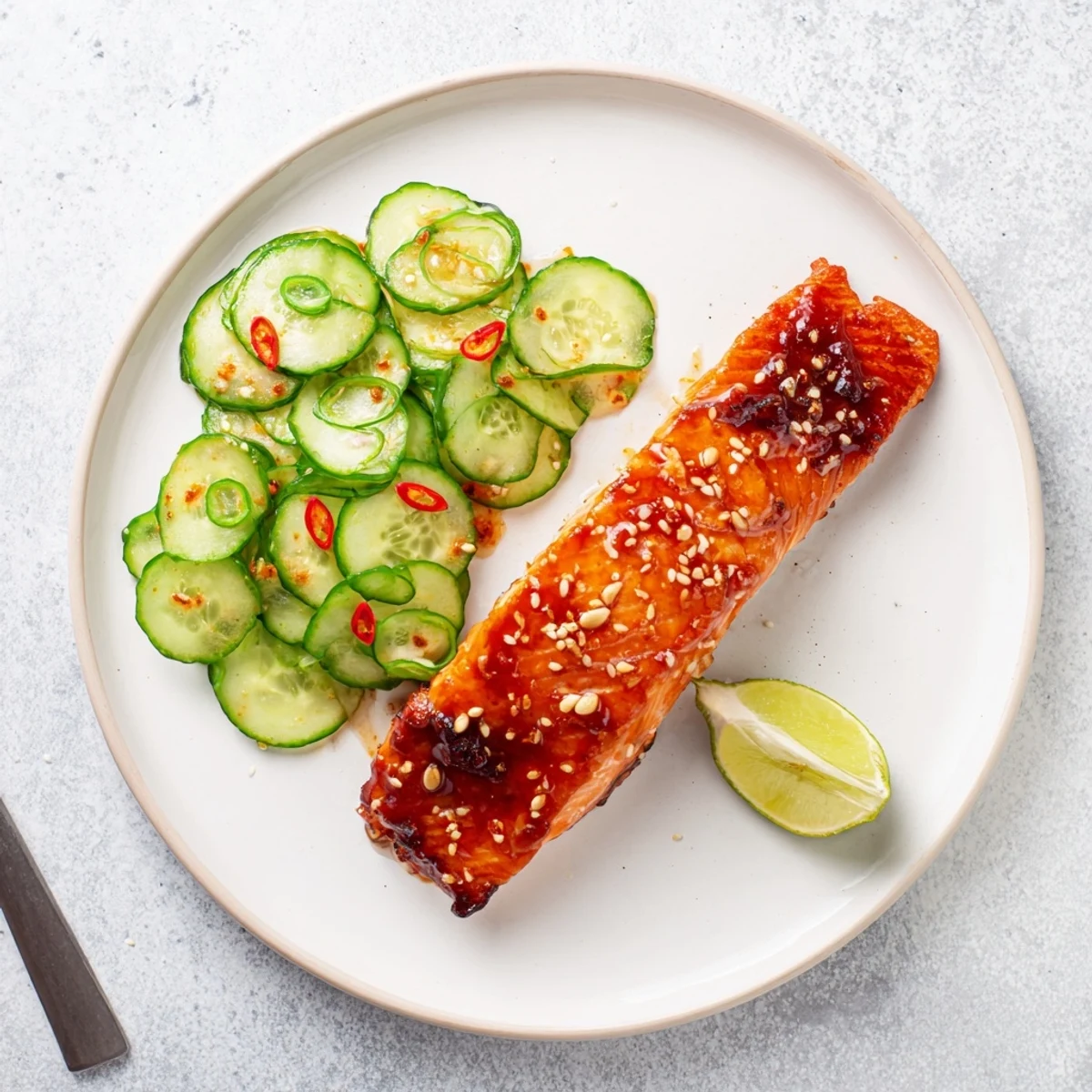 Caramelized miso ginger salmon with refreshing cucumber salad garnished with toasted sesame seeds and spring onions