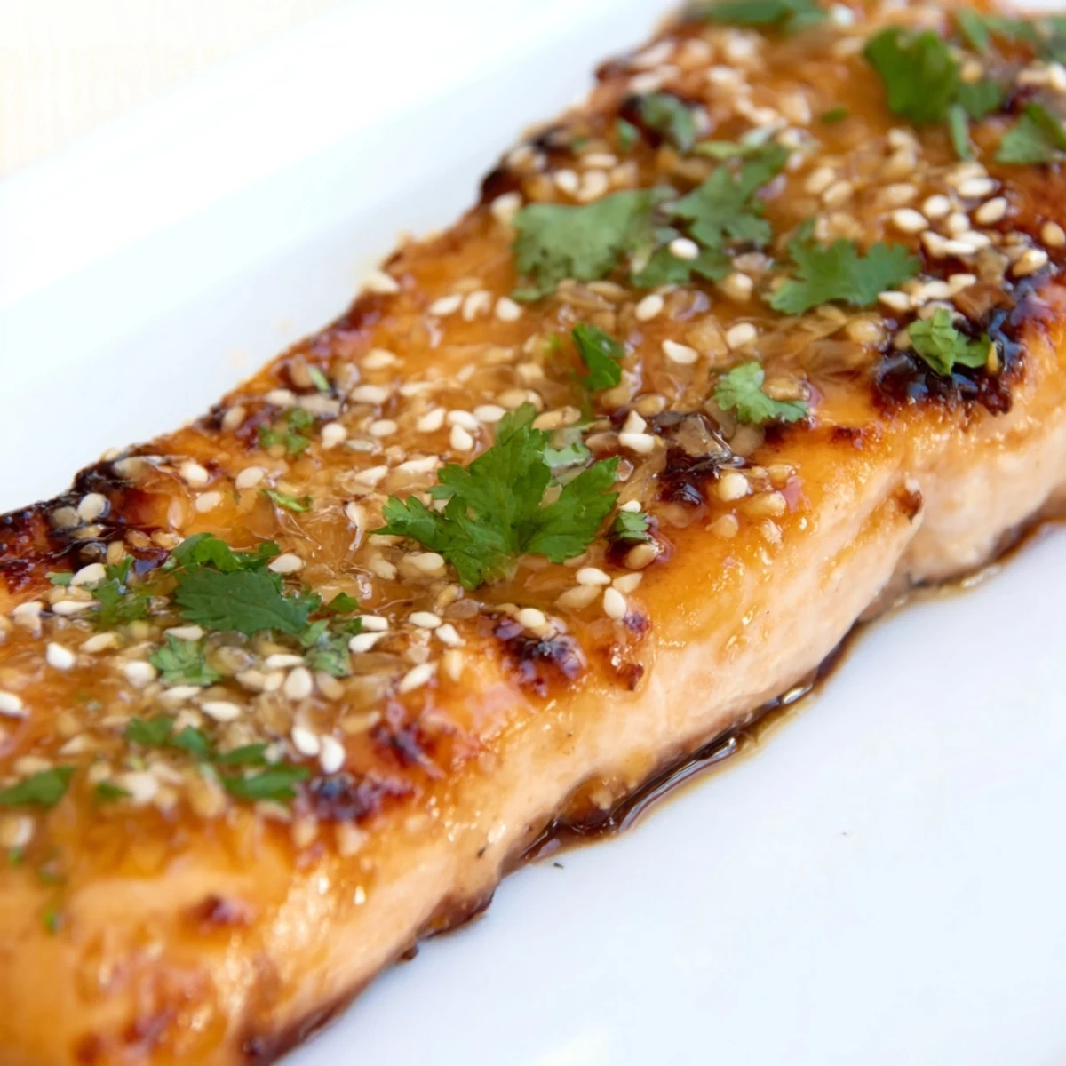 Glazed miso citrus salmon fillet served over crisp shaved cucumber salad with sesame garnish