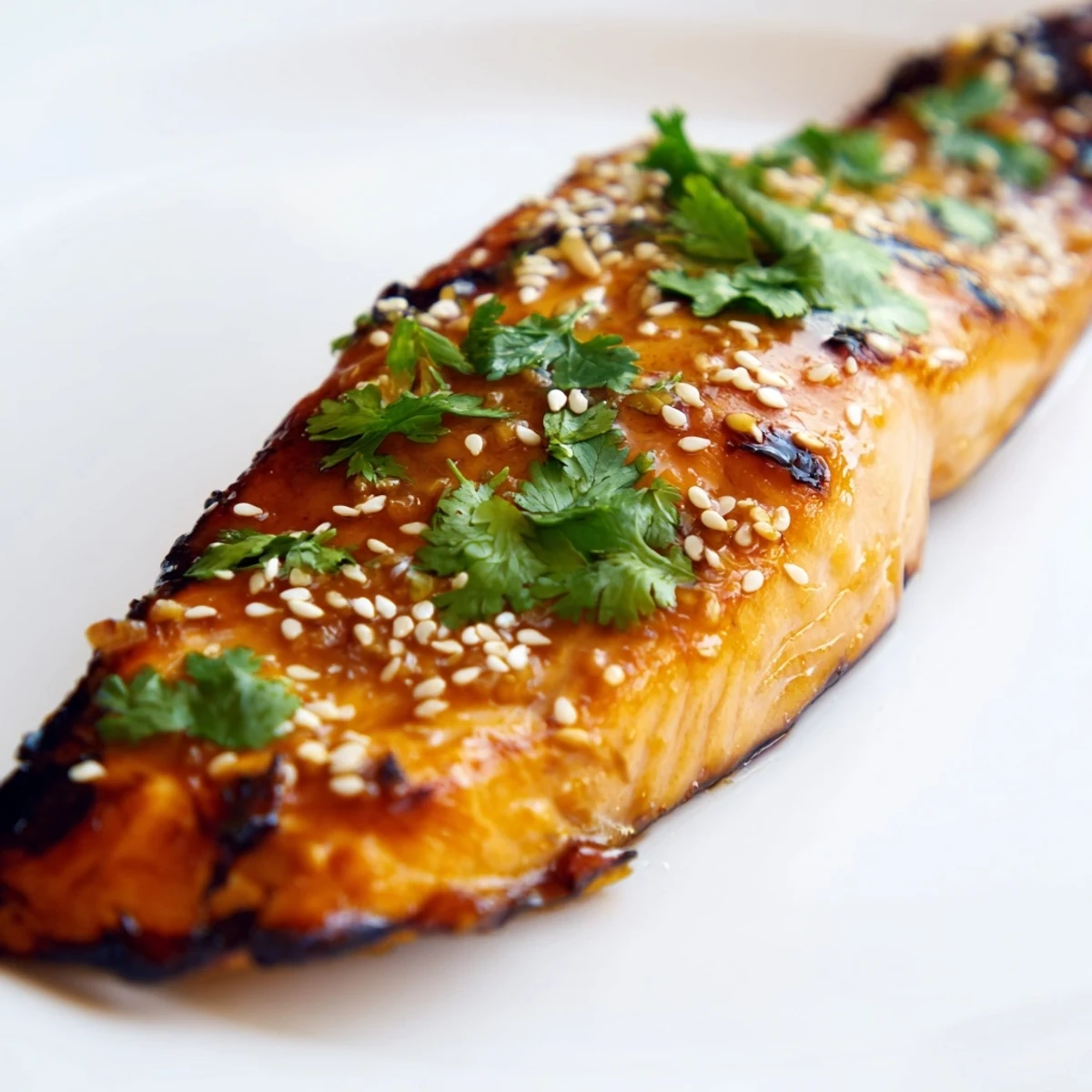 Golden baked miso citrus salmon topped with toasted sesame seeds beside refreshing cucumber ribbons