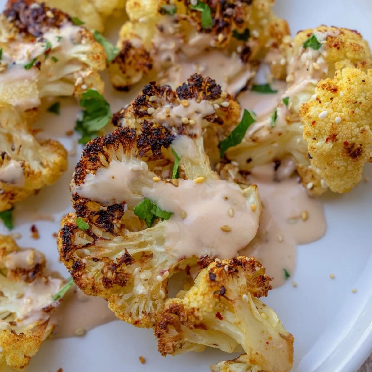Golden roasted cauliflower with lemon herb tahini sauce drizzled over crispy seasoned florets on a white platter