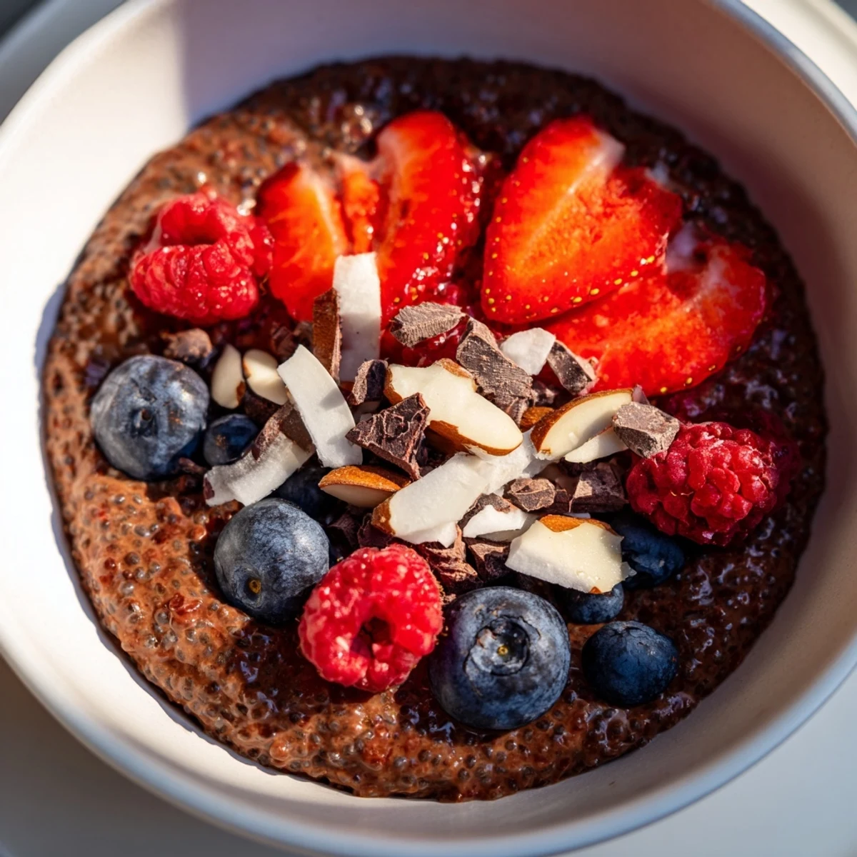 Creamy chocolate berry almond protein chia bowl topped with fresh strawberries, blueberries, and crunchy sliced almonds