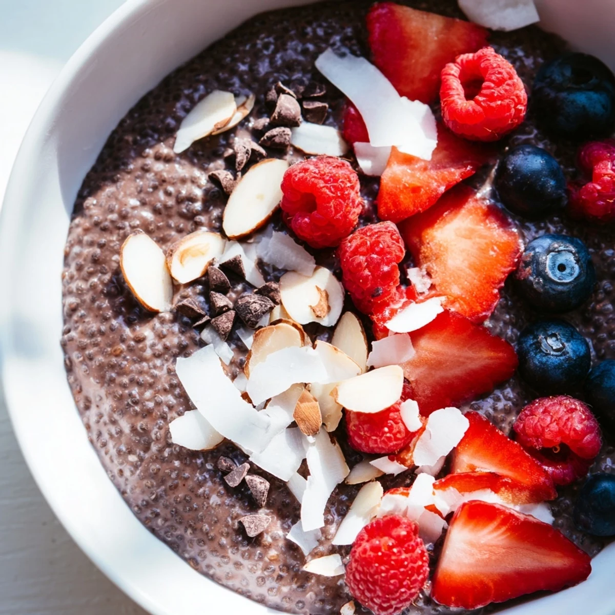 Rich chocolate berry almond protein chia bowl served in a white ceramic dish with vibrant berry toppings