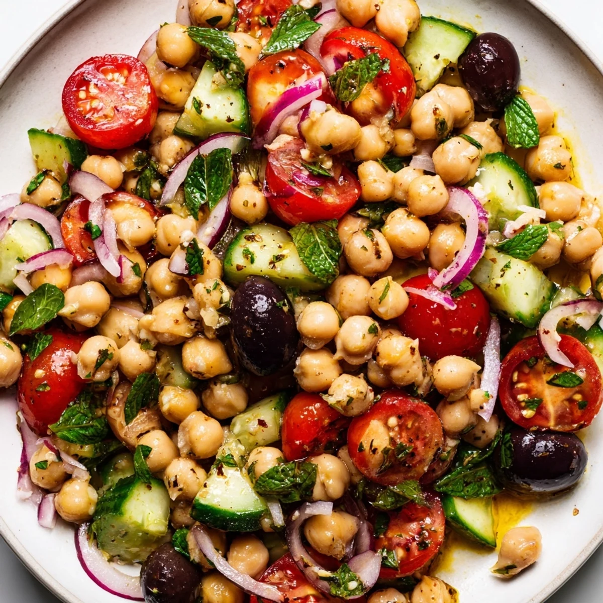 Mediterranean chickpea salad brimming with crisp cucumbers, juicy tomatoes, and briny Kalamata olives