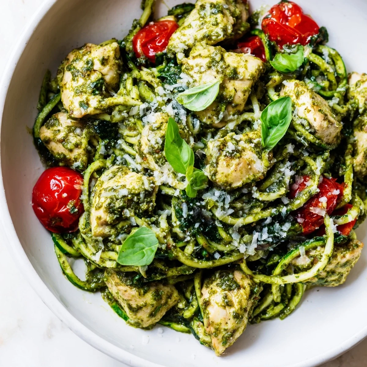 Pesto Chicken and Spinach Zoodle Skillet with tender chicken and bright green zucchini noodles in cast iron pan