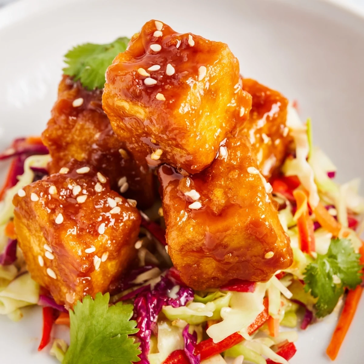 Golden Crispy Spicy Maple Tofu served atop a vibrant crunch of purple and green cabbage slaw